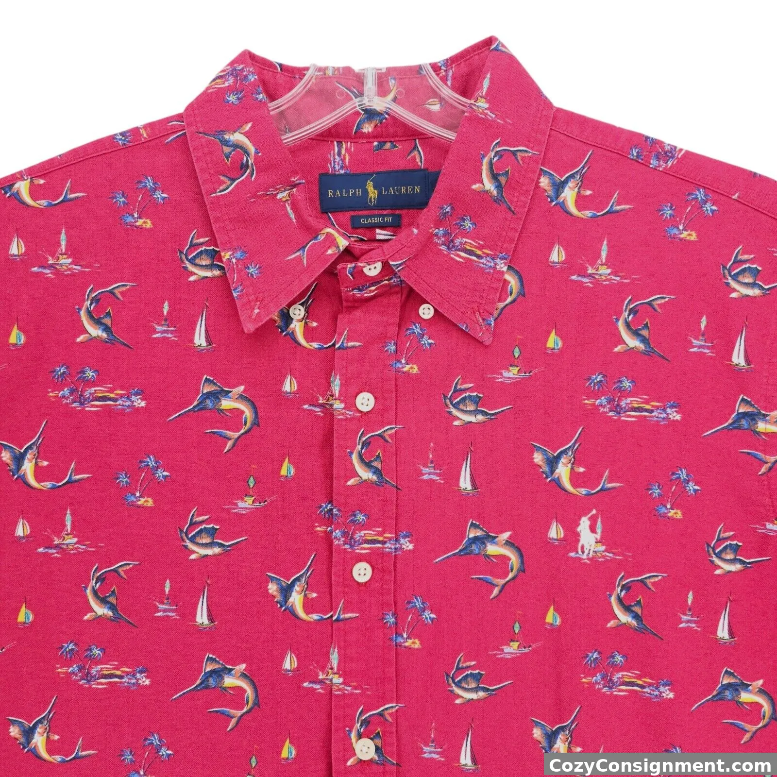 RALPH LAUREN Red Marlin Print Oxford Shirt All Over Print Classic Fit Size XXL