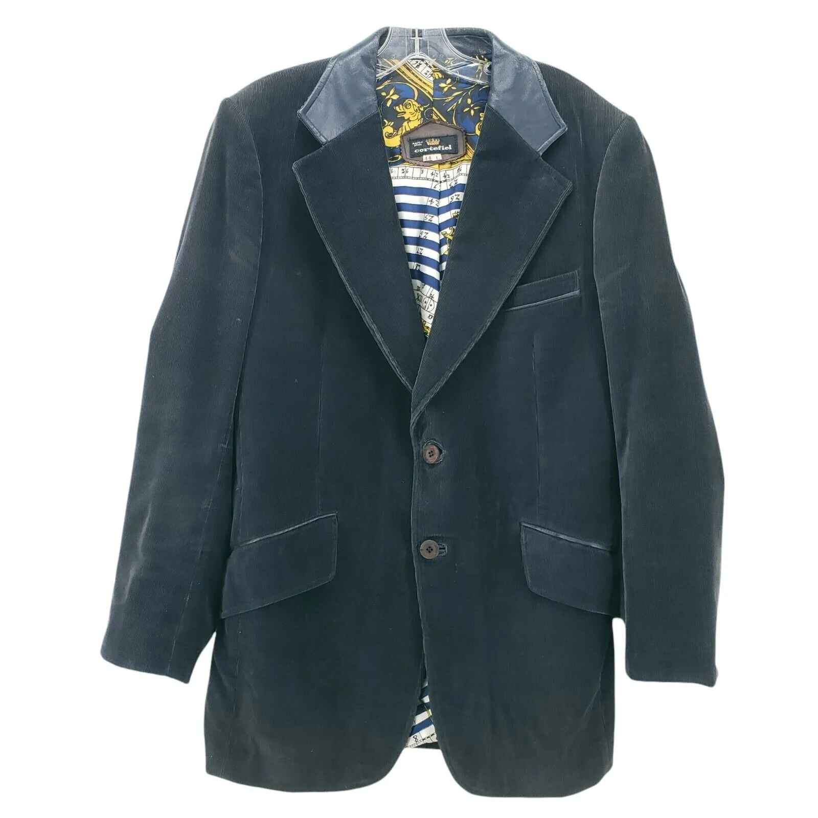 Cortefiel Vintage Blue Gray Corduroy Leather Trim Blazer Coat Jacket Size 44 L