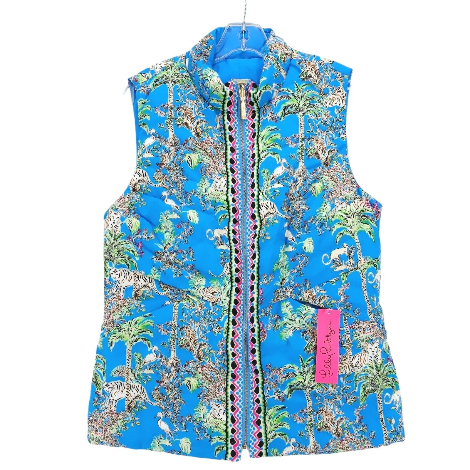 NWT LILLY PULITZER Deanne Reversible Down Vest Blue Thistle Tiger Queen LARGE