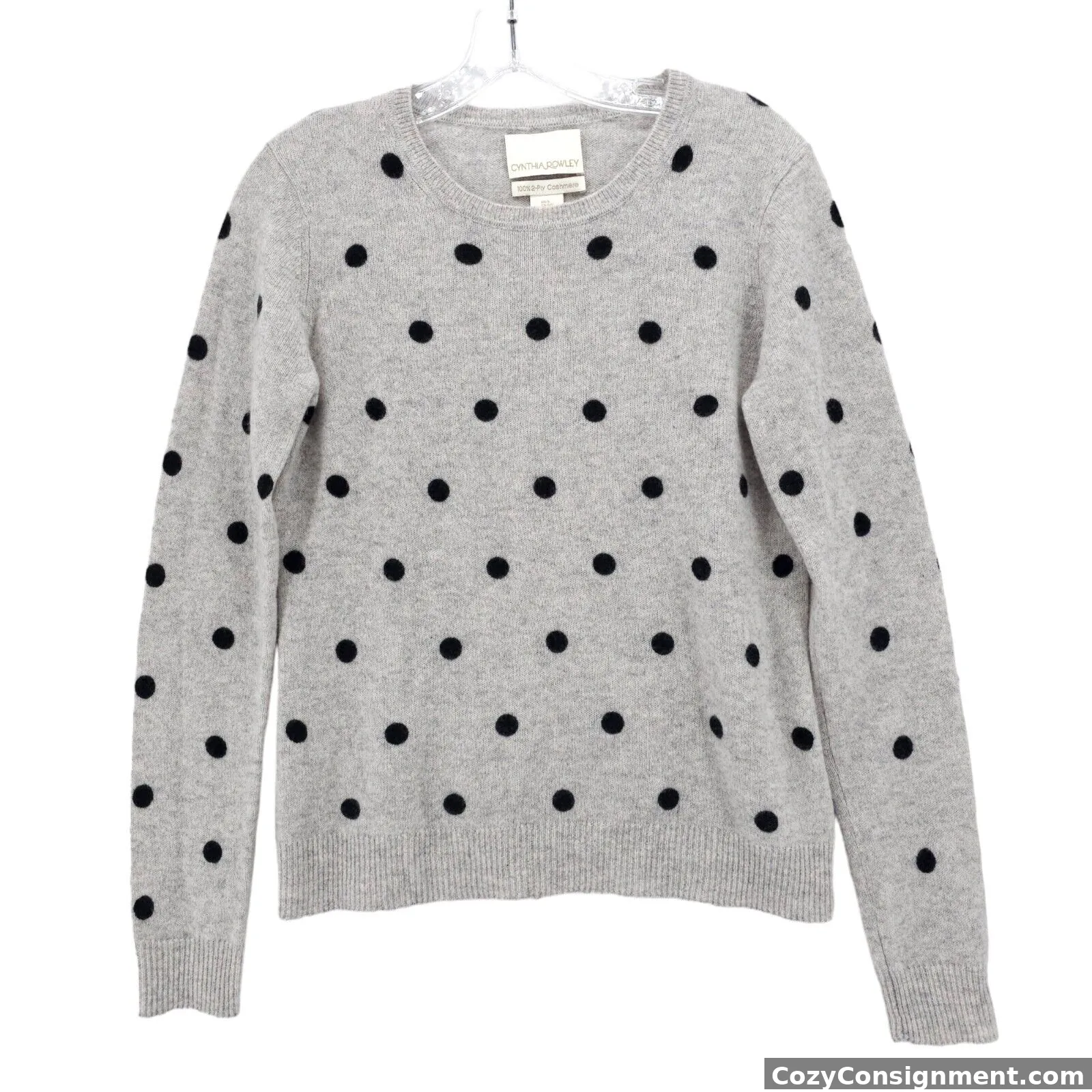 Cynthia Rowley 100% 2-Ply Cashmere Sweater Light Heather Gray Polka Dot SMALL