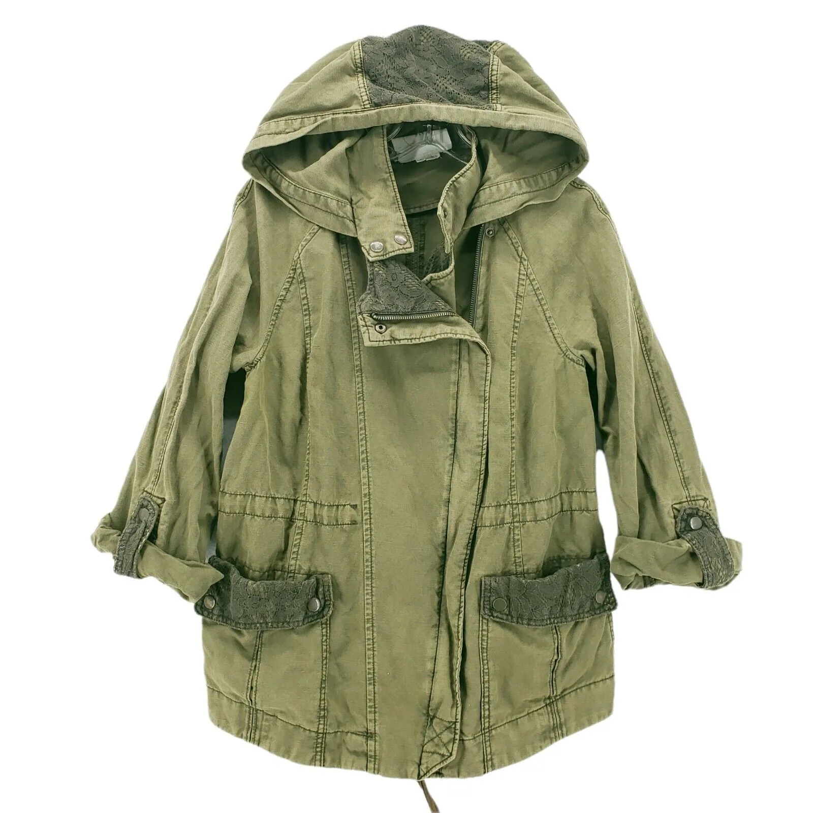 Anthropologie Hei Hei Lace Trim Hooded Utility Jacket in Army Green EUC Size S