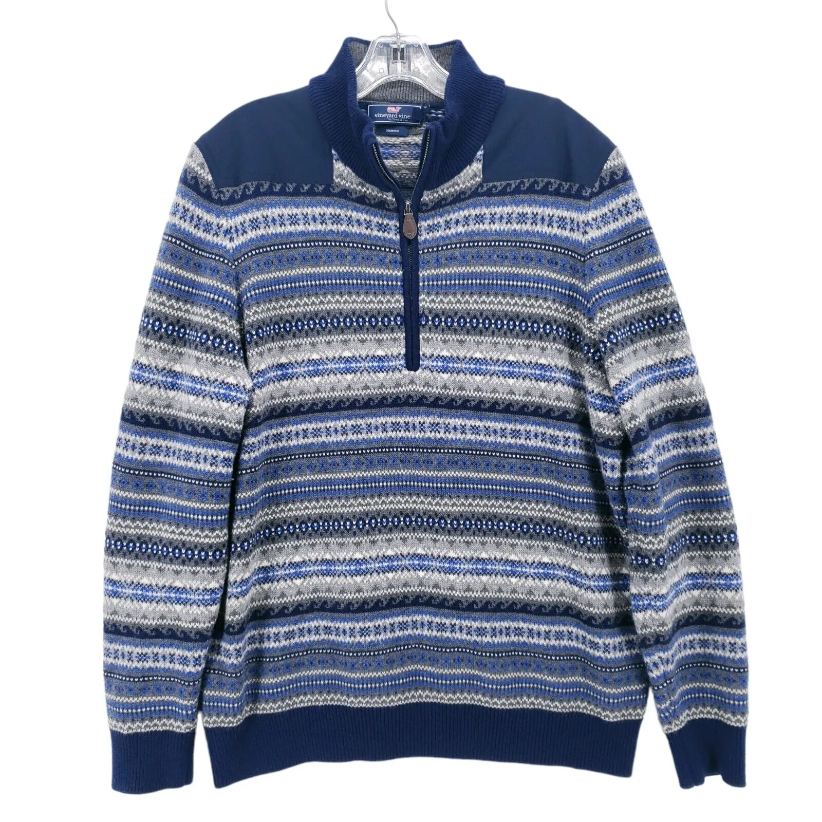 Vineyard Vines Merino Wool Blue 1/4 Zip Fair Isle Striped Sweater Size LARGE