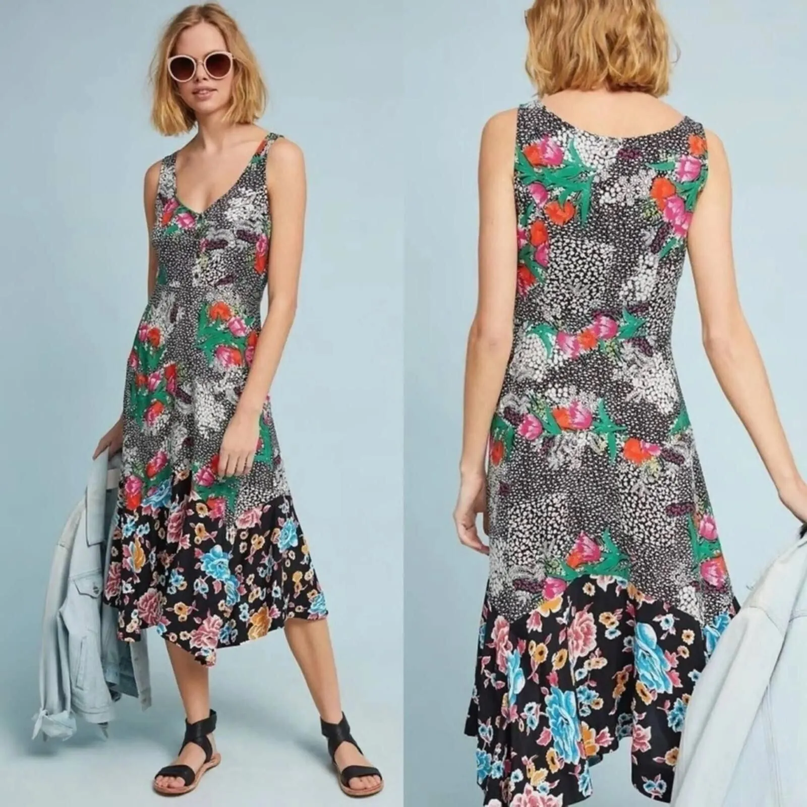 MAEVE Anthropologie Violette Floral Midi Dress Asymmetrical Hem Size US 8