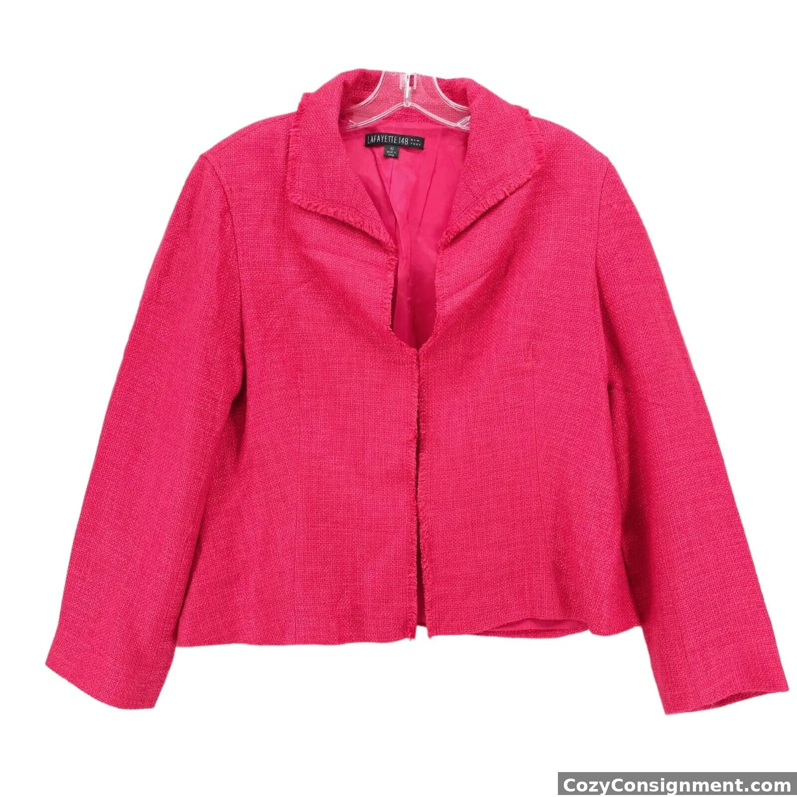 Lafayette 148 New York Hot Pink Tweed Woven Blazer Jacket Frayed Hems Size 10