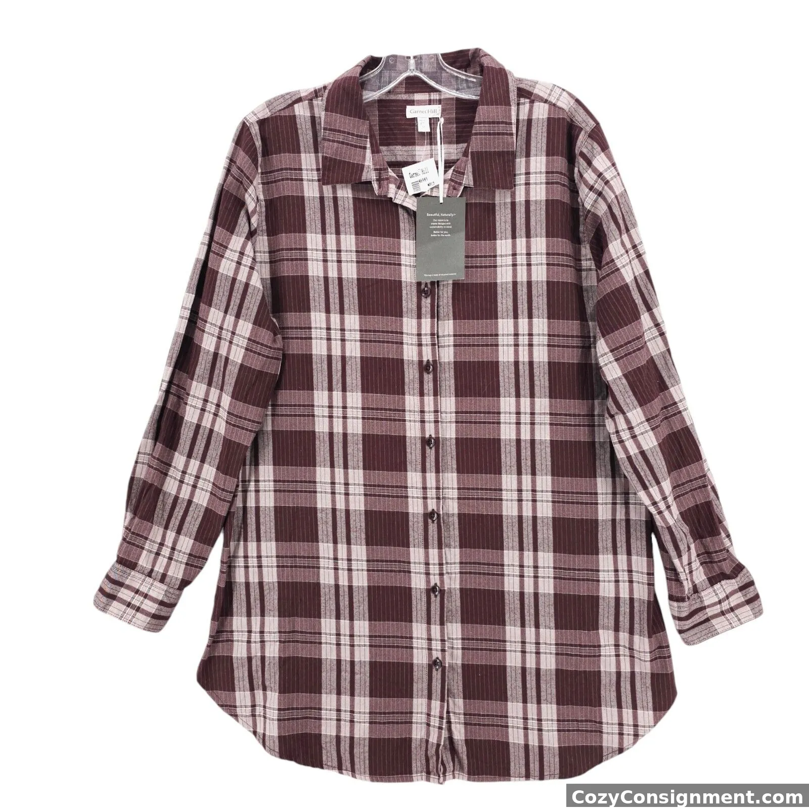 NWT GARNET HILL Plaid Essential Long Sleeve Tunic Shirt 100% Organic PIMA Sz 14