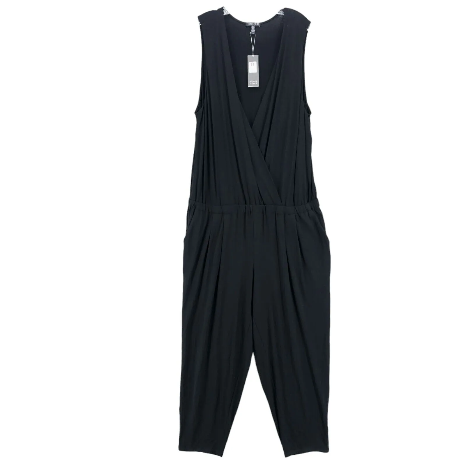 NWT EILEEN FISHER Black Viscose Jersey V-Neck Ankle Jumpsuit Size 2X