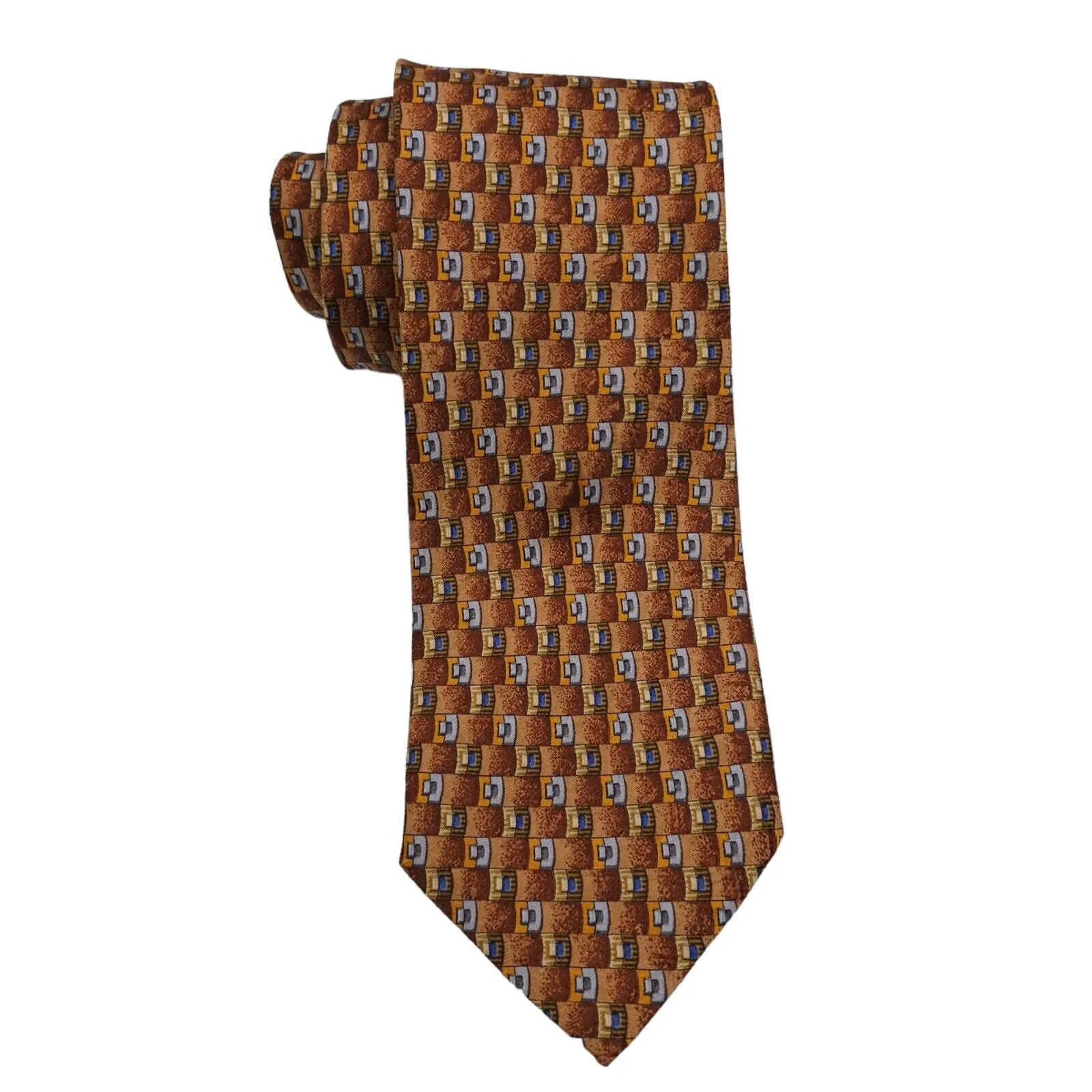 ERMENEGILDO ZEGNA Men's 100% Silk Necktie ITALY Luxury Geometric Brown/Blue NEW