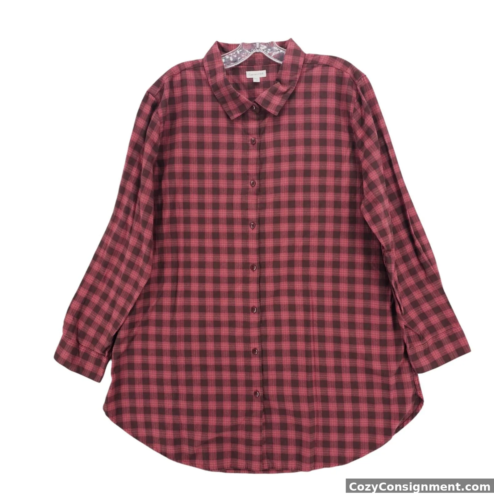 GARNET HILL Red Plaid Tunic Shirt Long Sleeve 100% Organic PIMA Cotton Size 18