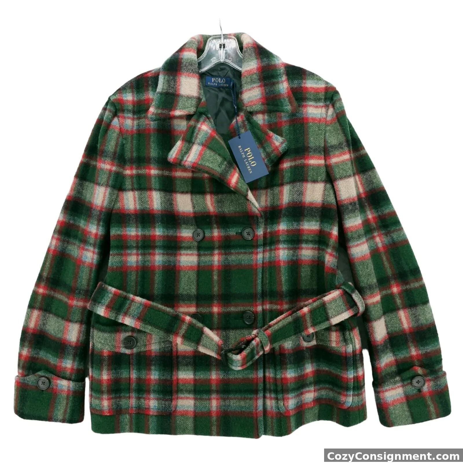 NWT Polo Ralph Lauren Wool Blend Green Red Plaid Belted Coat Size 12