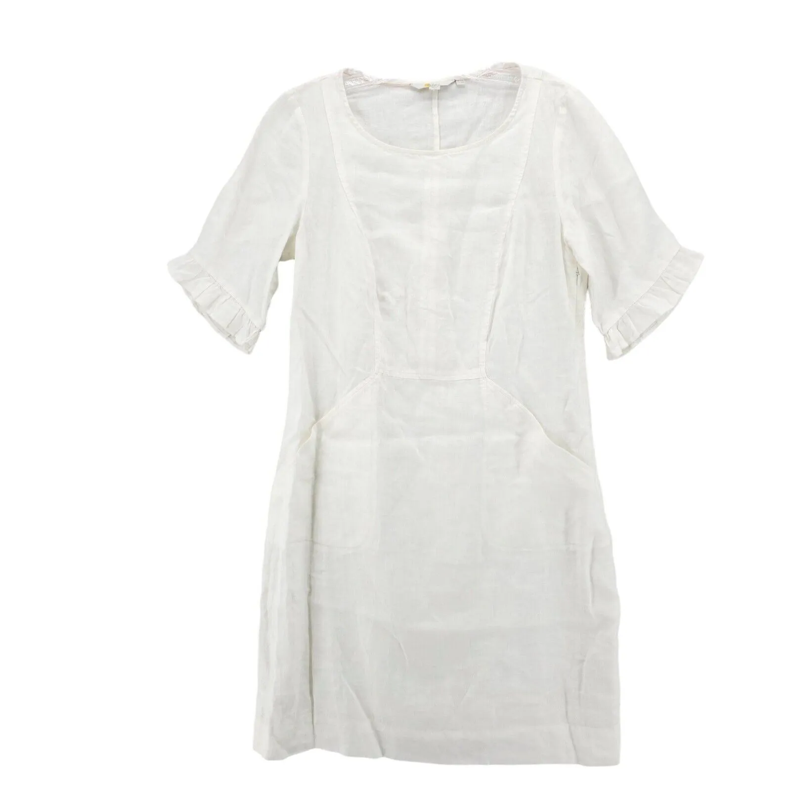 BODEN White 100% Linen Ruffle Sleeve Sheath Dress Pockets Size US 10R