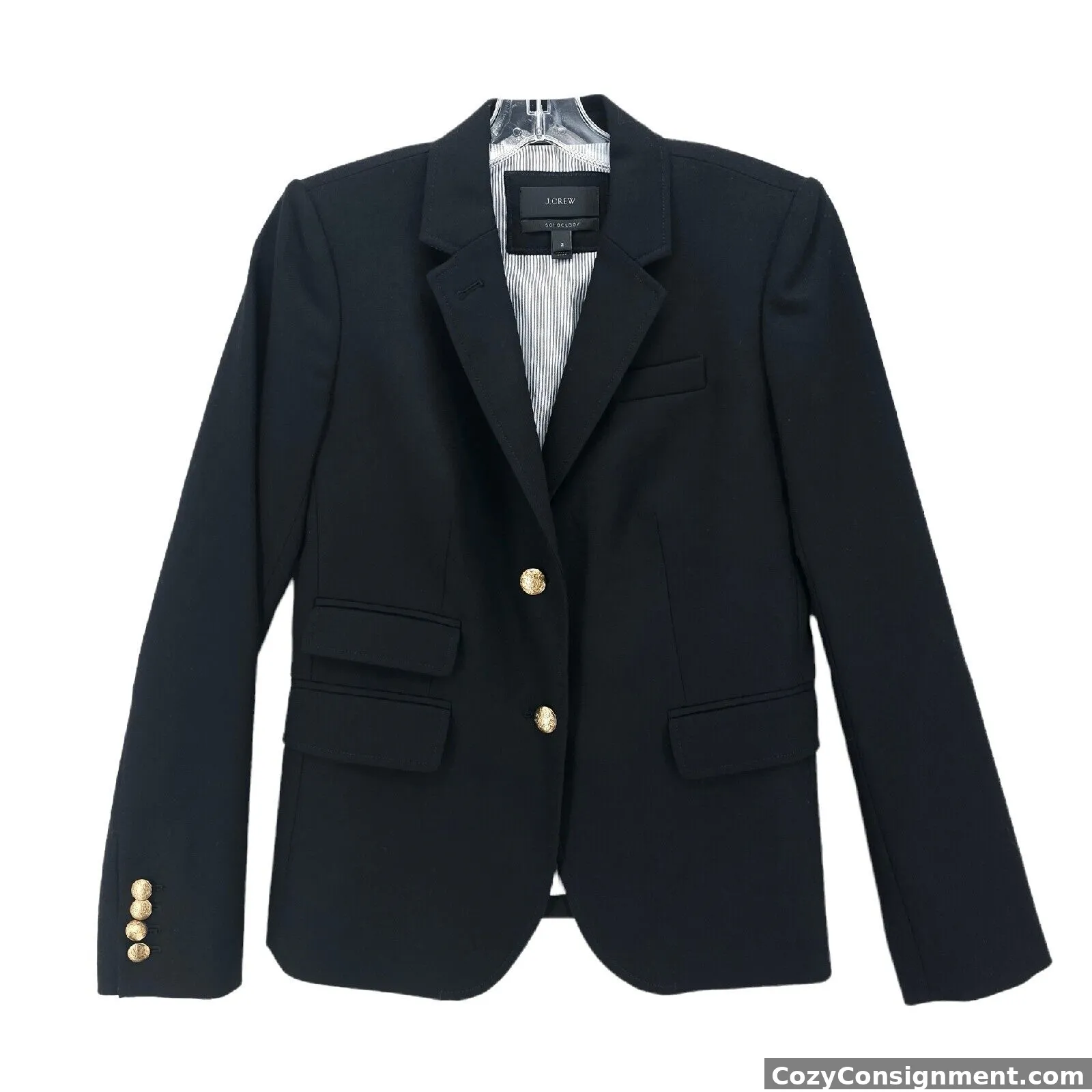 J Crew Black Schoolboy Blazer Wool Spandex Gold Buttons Stretch Size 2