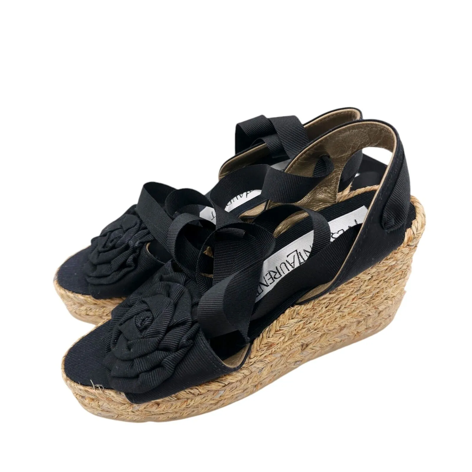 YVES SAINT LAURENT Black Rose Wedge Espadrilles Ankle Ties Size 5 B