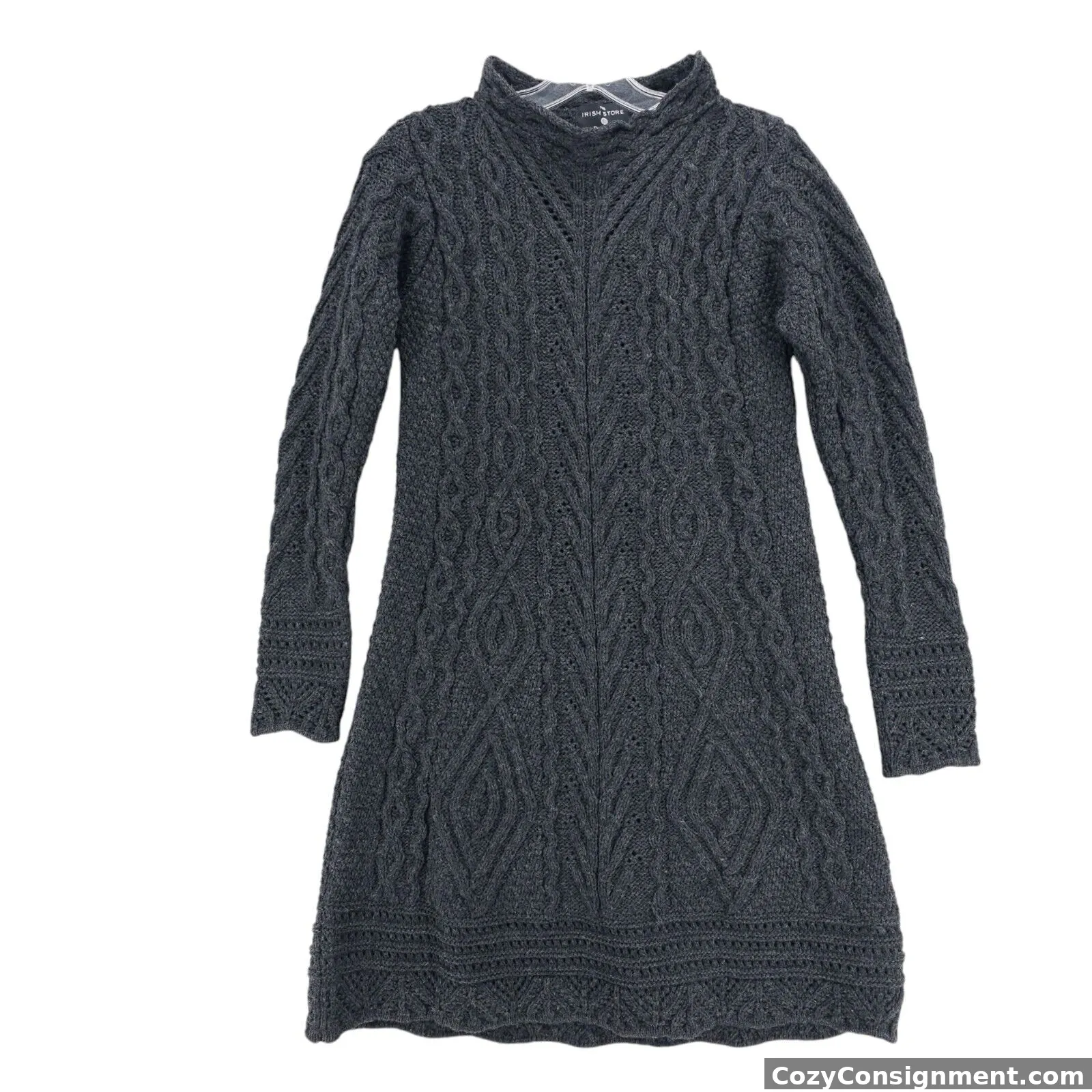 THE IRISH STORE Sweater Dress 100% Merino Wool Charcoal Cable Knit Aran SMALL