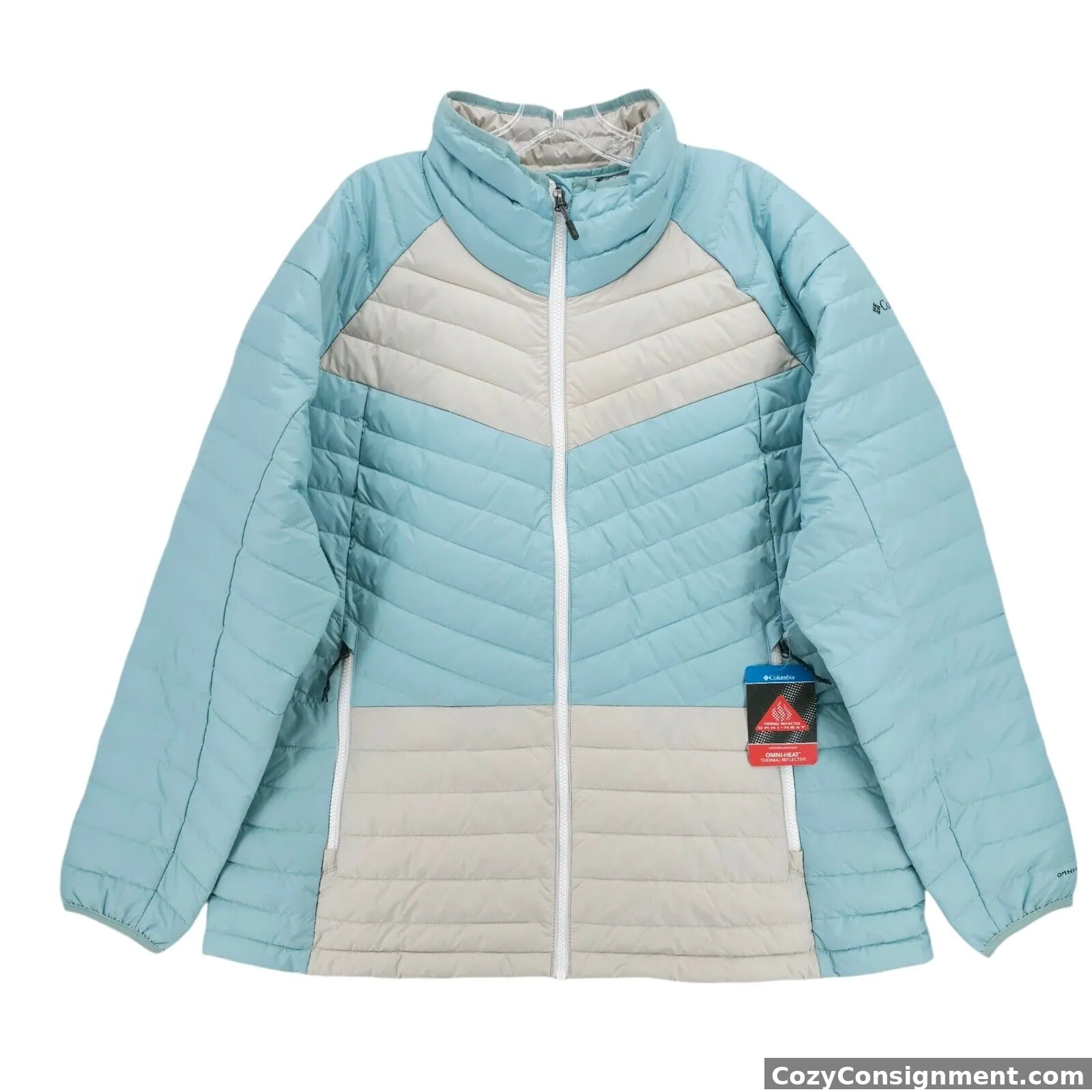 NWT COLUMBIA Powder Lite II Jacket Thermal Reflective Omni Heat Aqua Blue Tan 1X