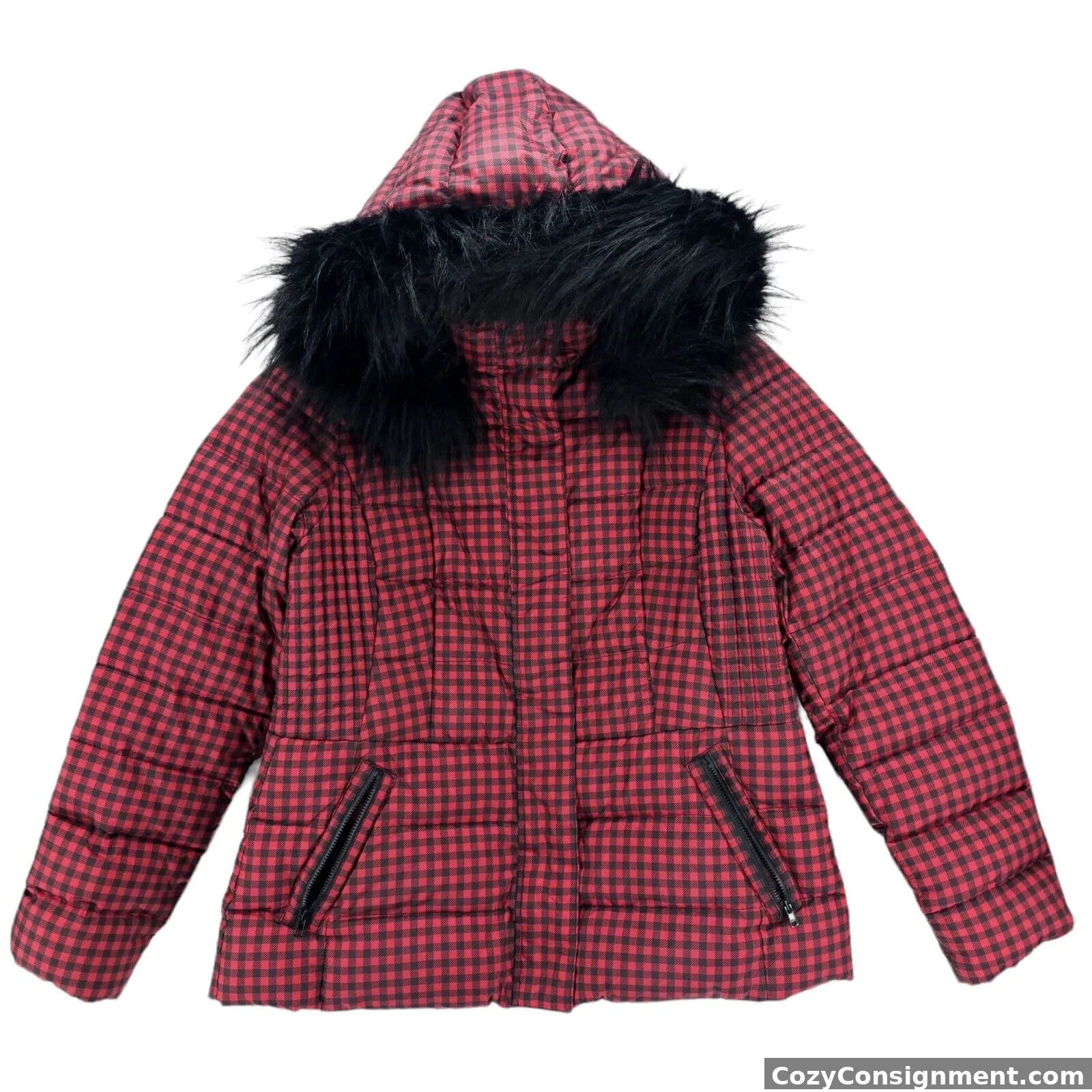 TALBOTS Red Black Check Down Puffer Jacket Removable Hood Faux Fur Trim LARGE