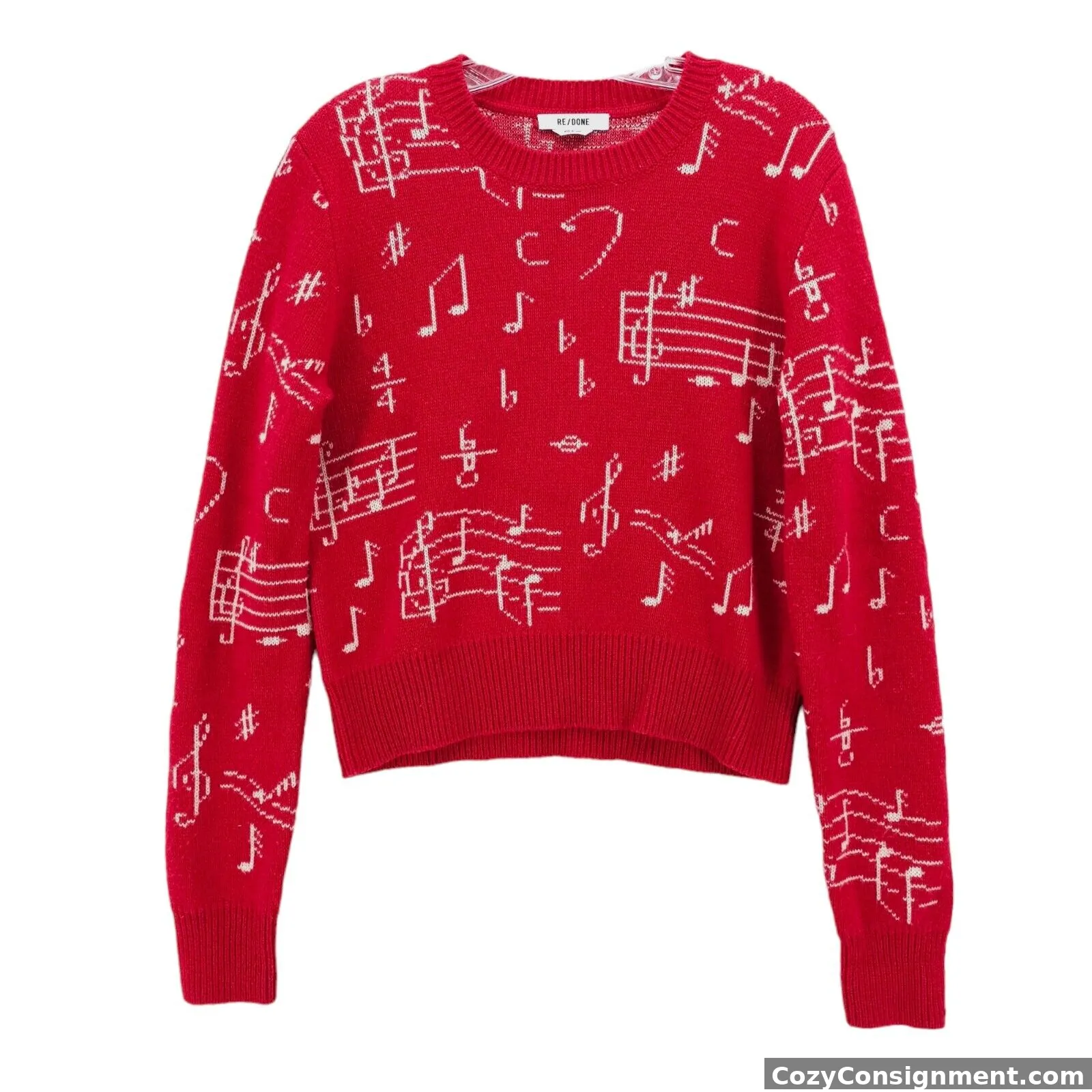 RE/DONE 60's Shrunken Sweater Red Musical Note Recycled Wool Blend Size LARGE