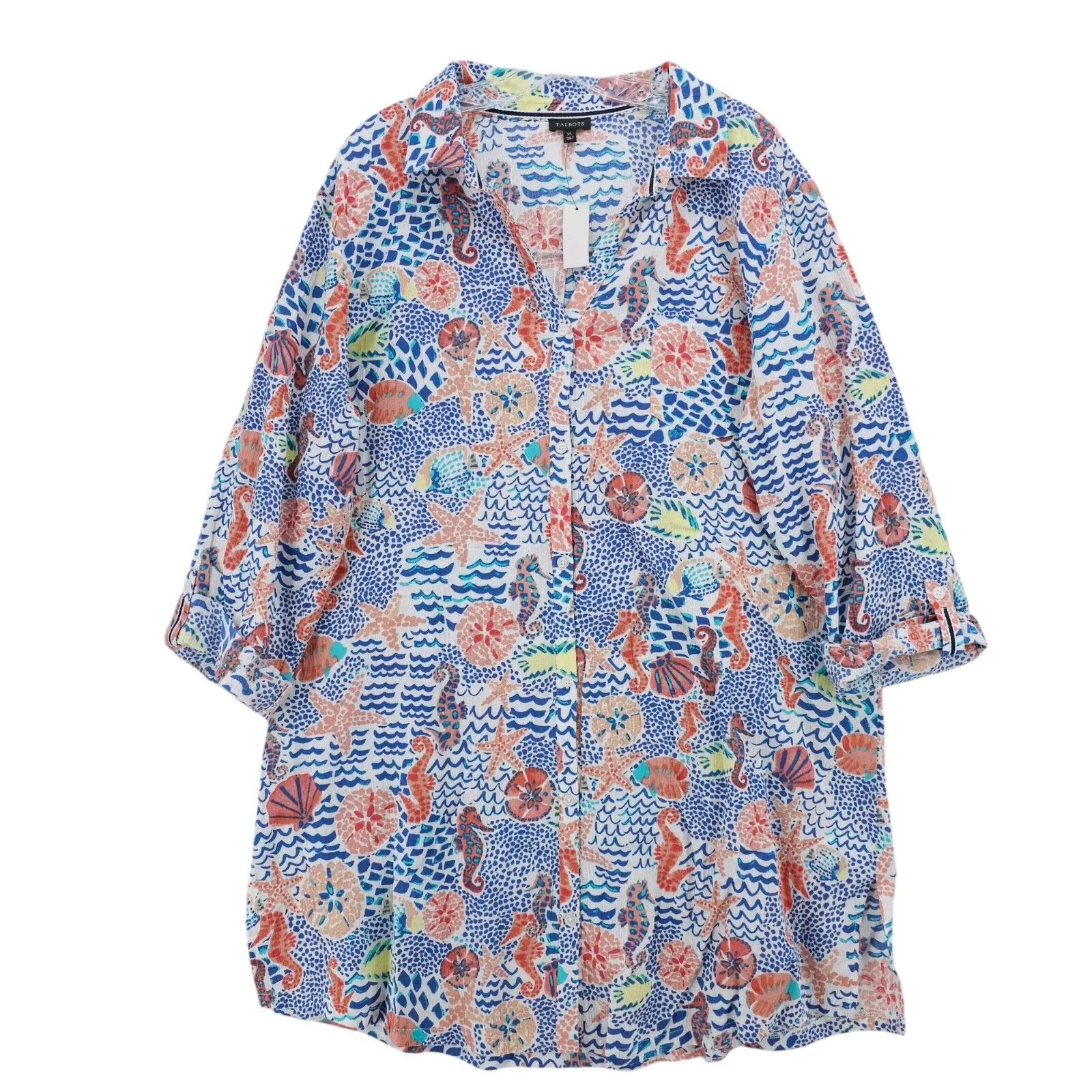 NWT TALBOTS Crinkle Cotton Beach Shirt Cover Up Tunic Seahorse Print Size XL