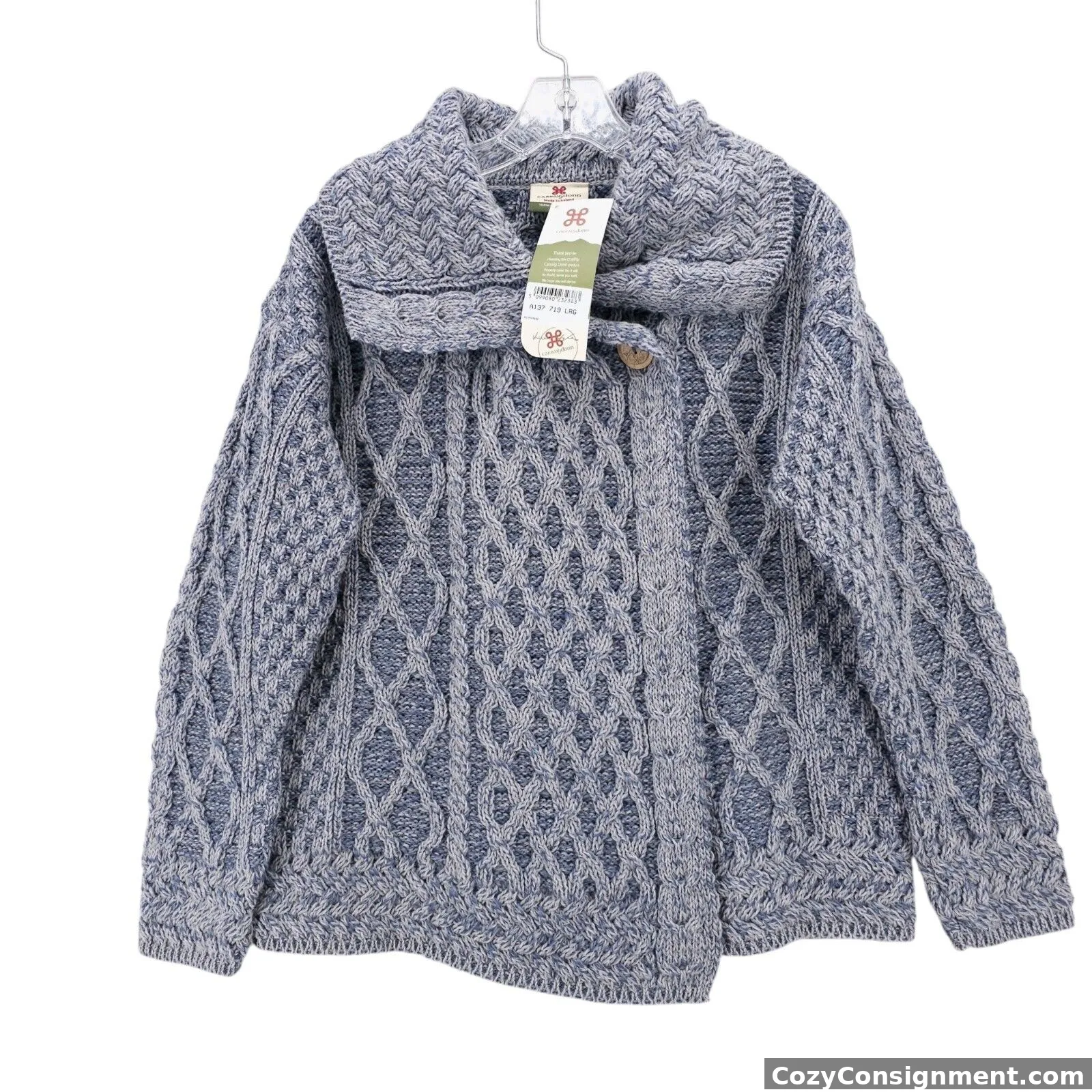 NWT CARRAIG DONN Cardigna One Button 100% Merino Wool Trellis Blue Marled LARGE