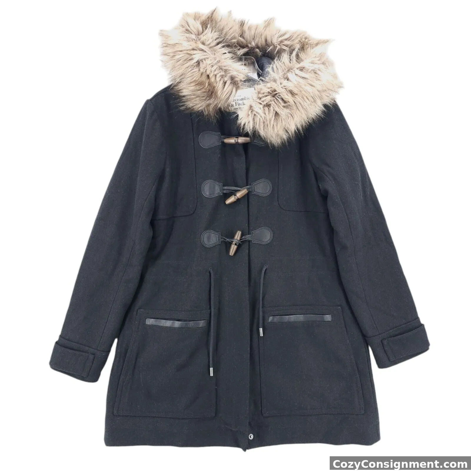 NWT ABERCROMBIE & FITCH Black Wool Blend Toggle Coat Faux Fur Women's LARGE