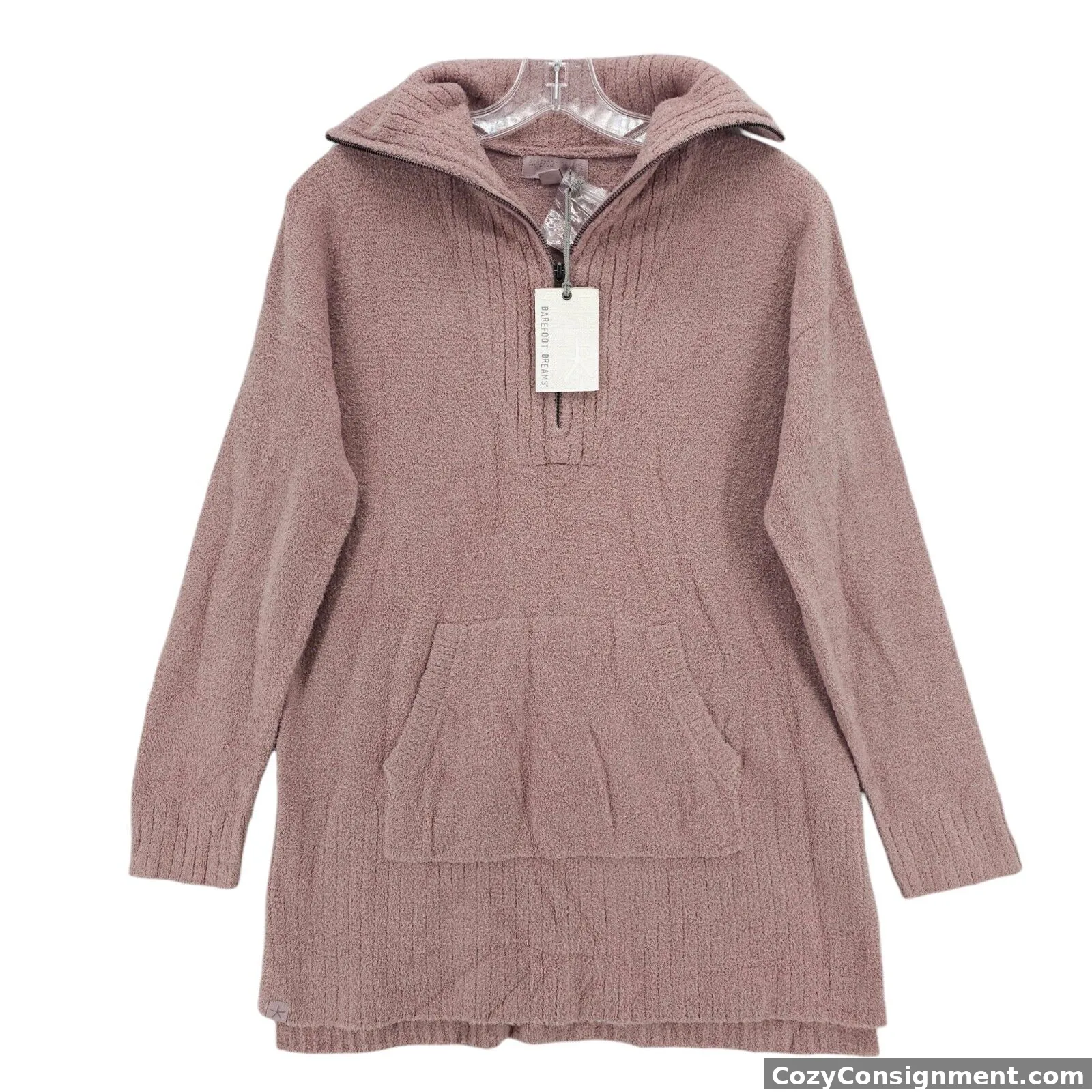 NWT BAREFOOT DREAMS CozyChic Lite High Rib Half Zip Tunic MAUVE Size SMALL