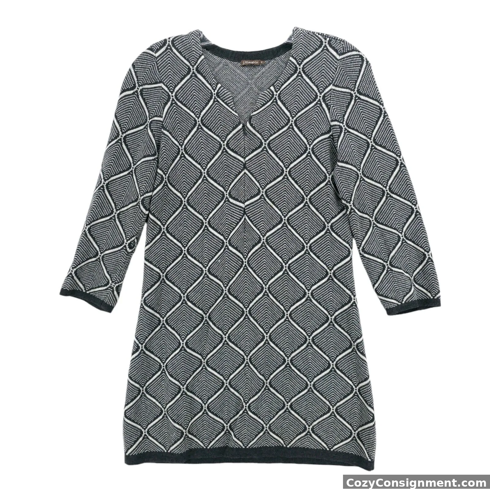 J. McLAUGHLIN Knit Mini Dress Geometric Pattern 3/4 Sleeve Gray White Size SMALL