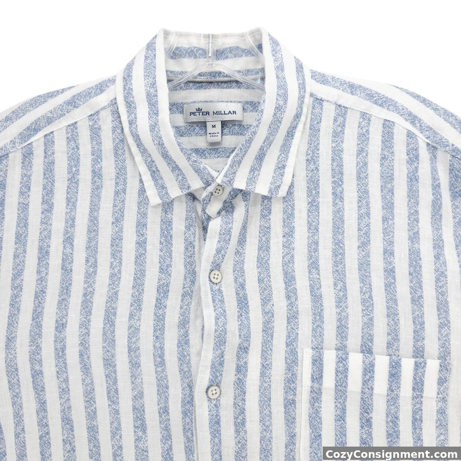 PETER MILLAR 100% Linen Blue White Striped Long Sleeve Button Up Shirt MEDIUM