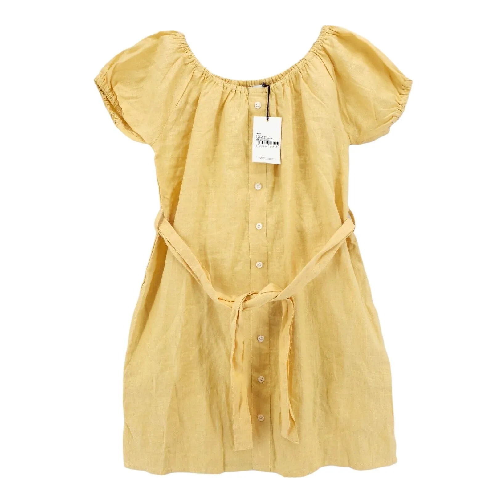 NWT Faithfull The Brand Savoy Linen Pale Yellow Off Shoulder Mini Dress XS