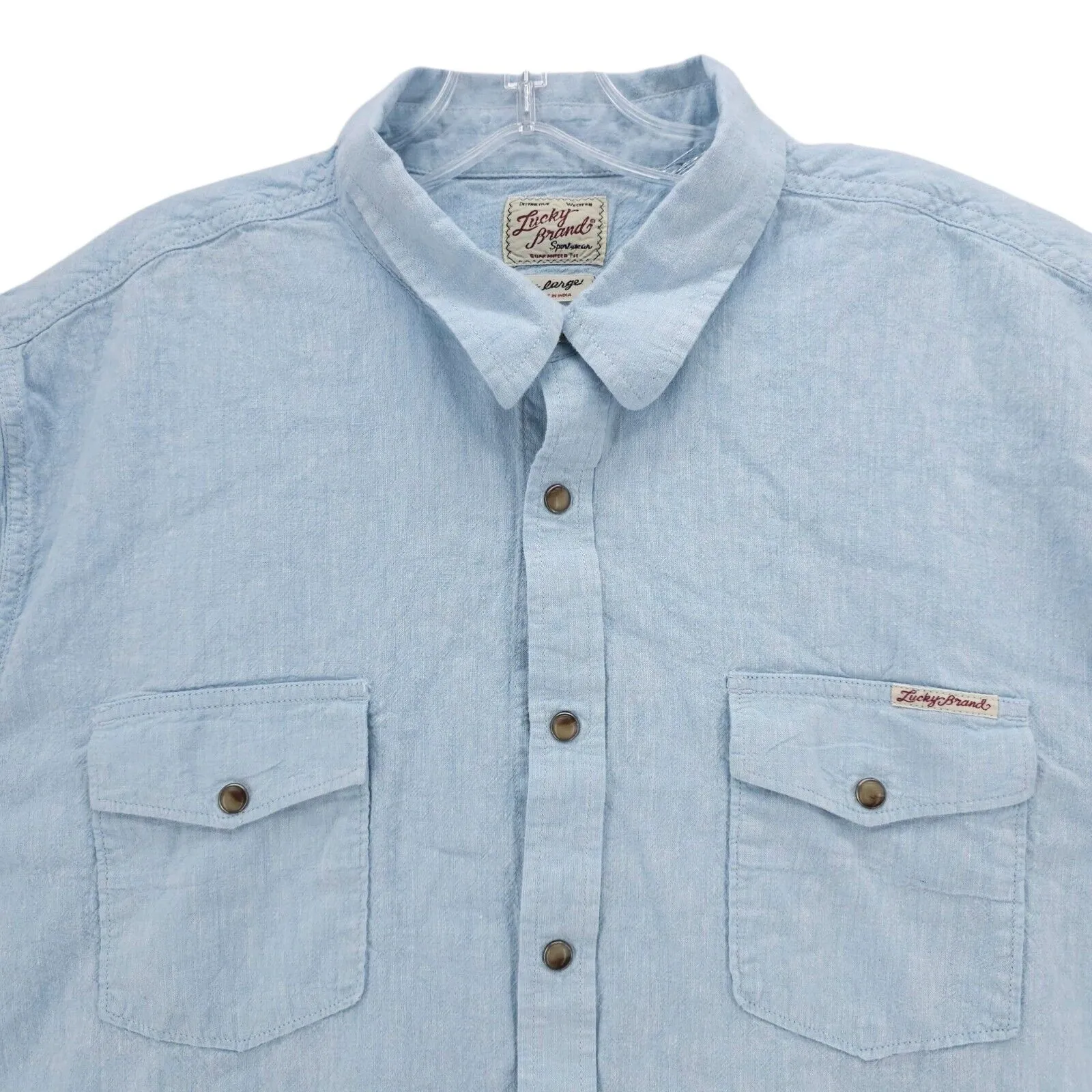 LUCKY BRAND Light Blue Linen Blend Men's Button Up Pearl Snap Shirt Size: XL