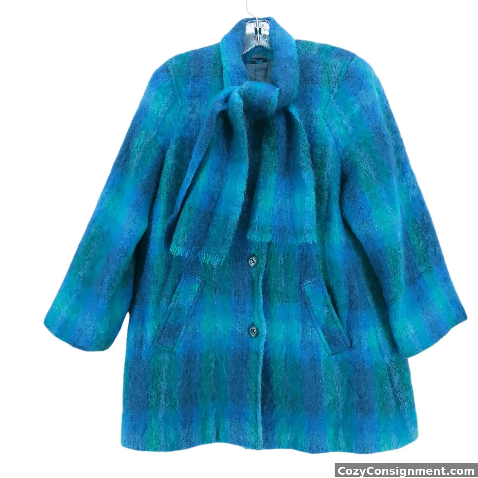 DONEGAL DESIGN Mohair Wool Coat Jacket Blue Green Attached Scarf L/XL?