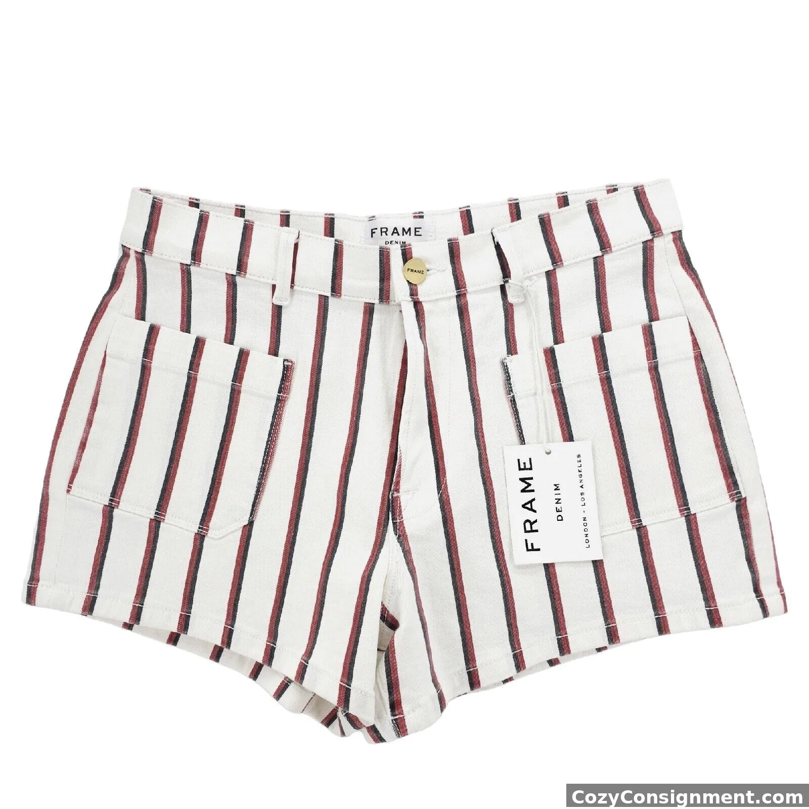 NWT Frame Le Bardot Denim Shorts In Classic Stripe White Red Gray Size 28