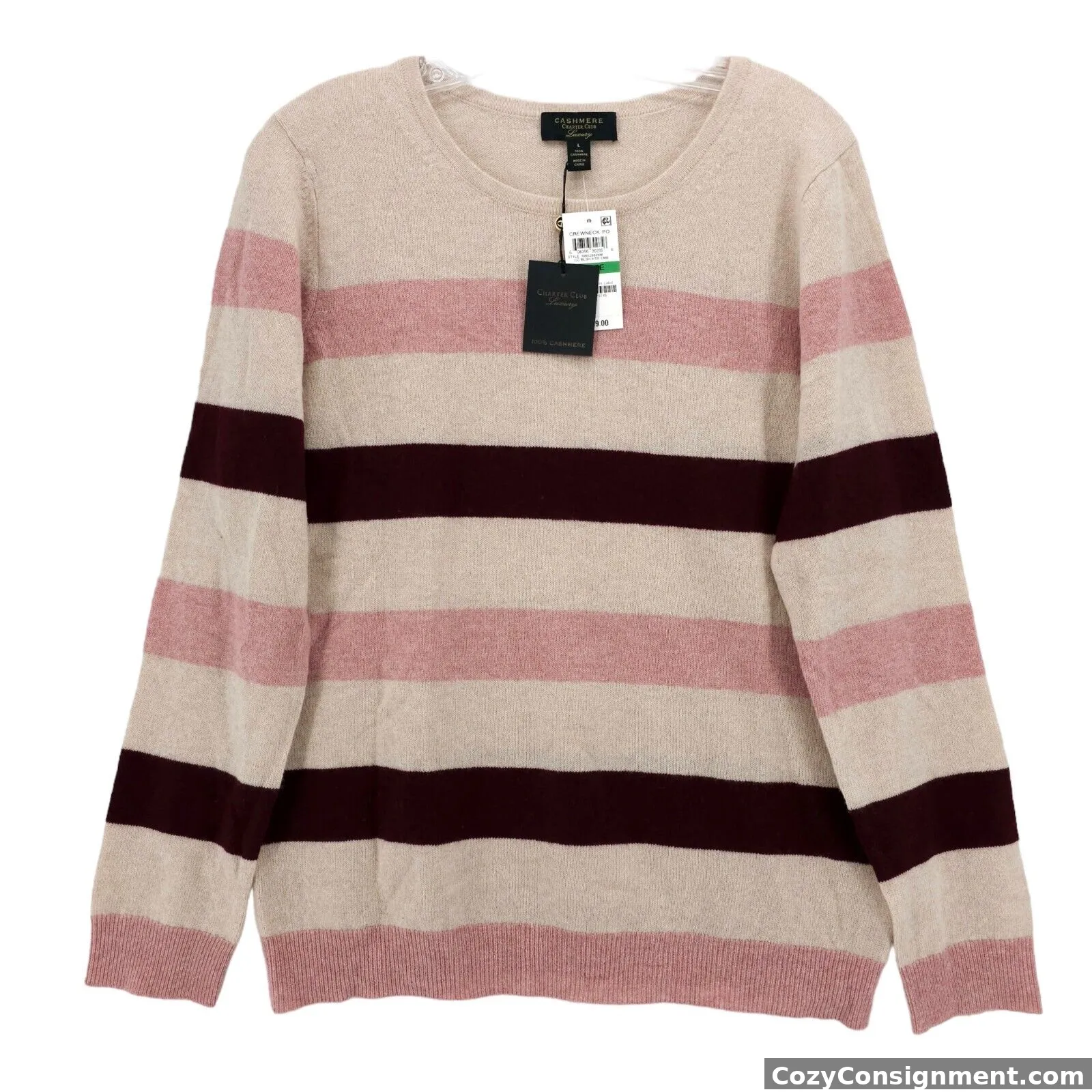 NWT CHARTER CLUB Luxury 100% 2-Ply Cashmere Sweater Striped LARGE