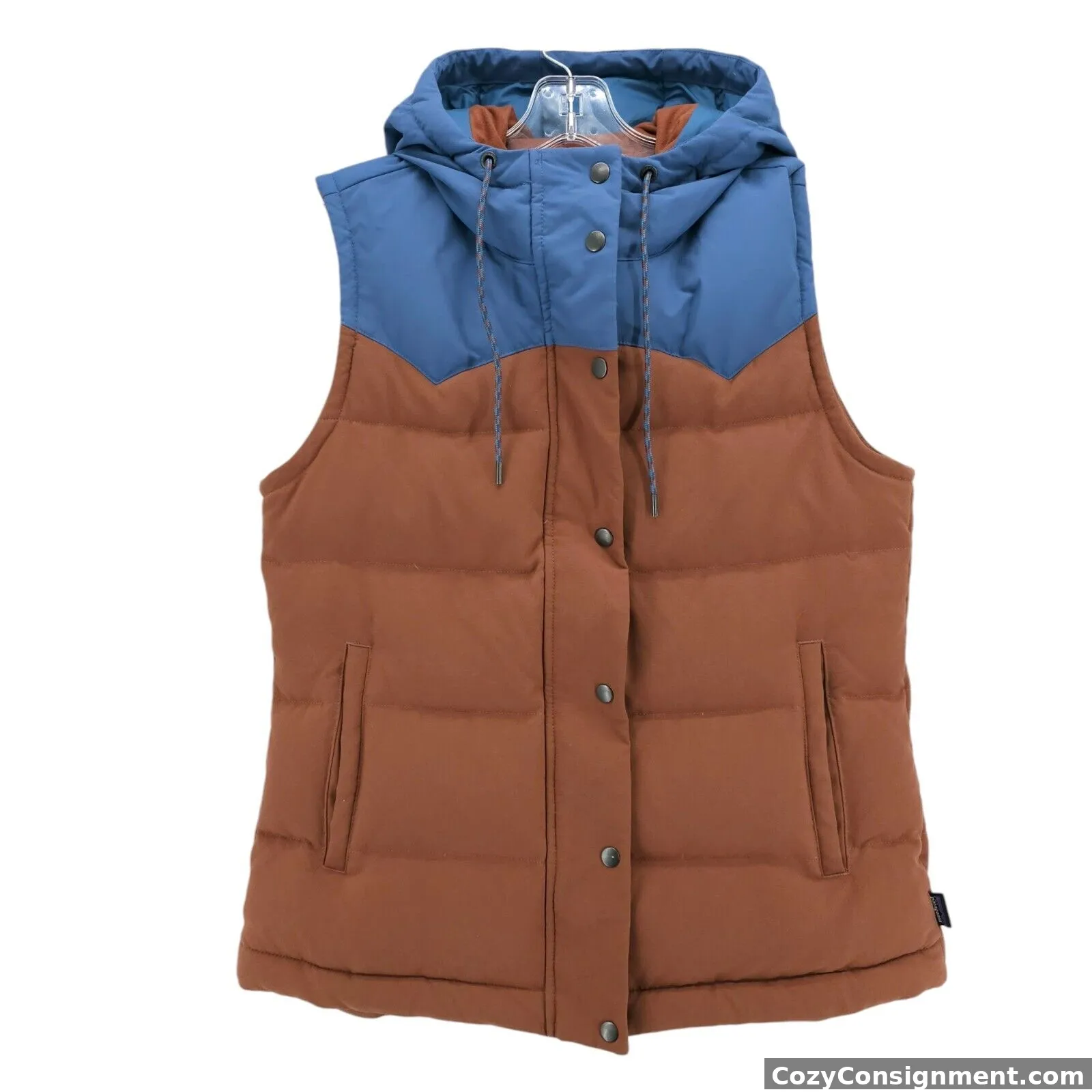 PATAGONIA Bivy Hooded Vest Brown Blue Duck Down Puffer Women's MEDIUM