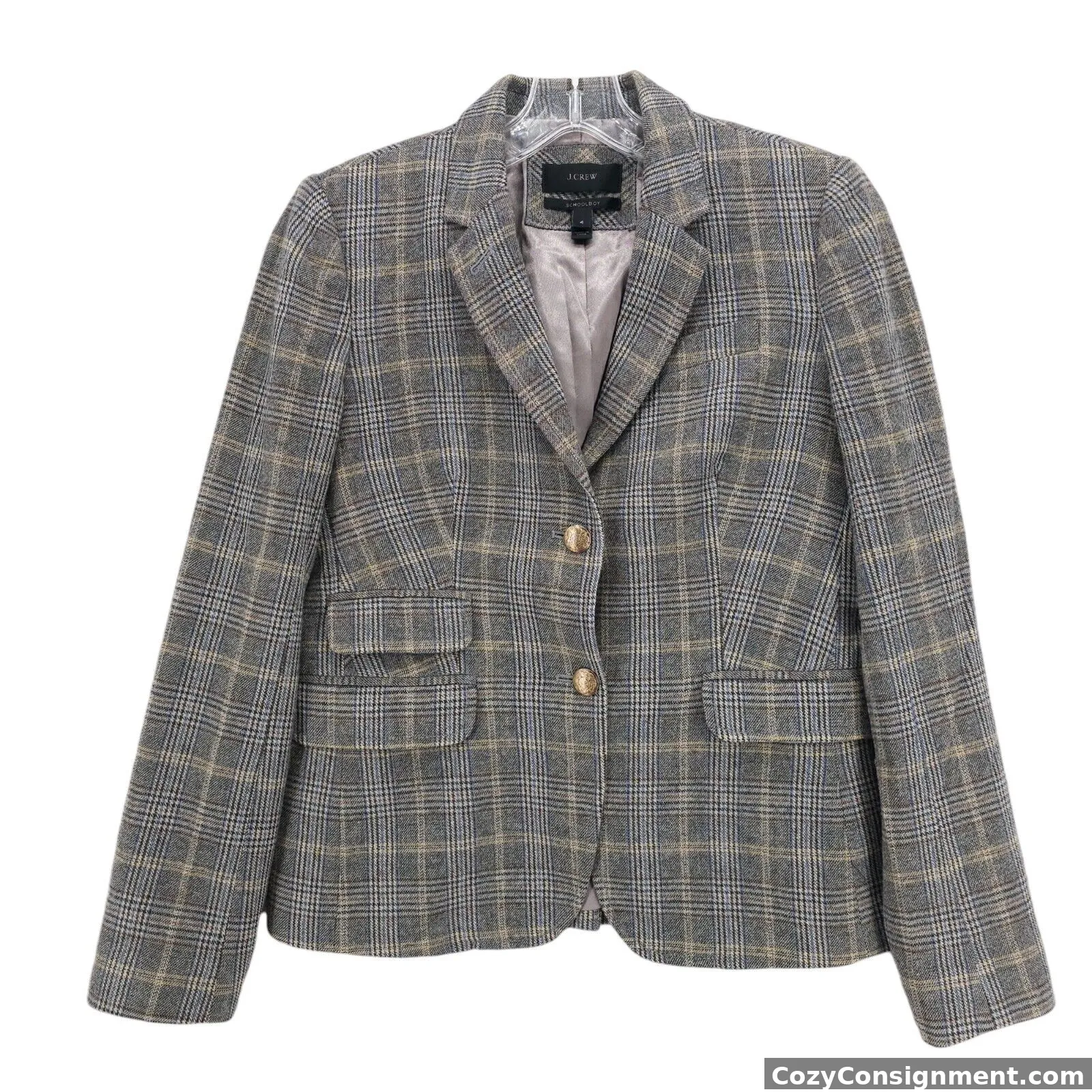 J. CREW Schoolboy Blazer Wool Blend Plaid Crest Buttons Size 4