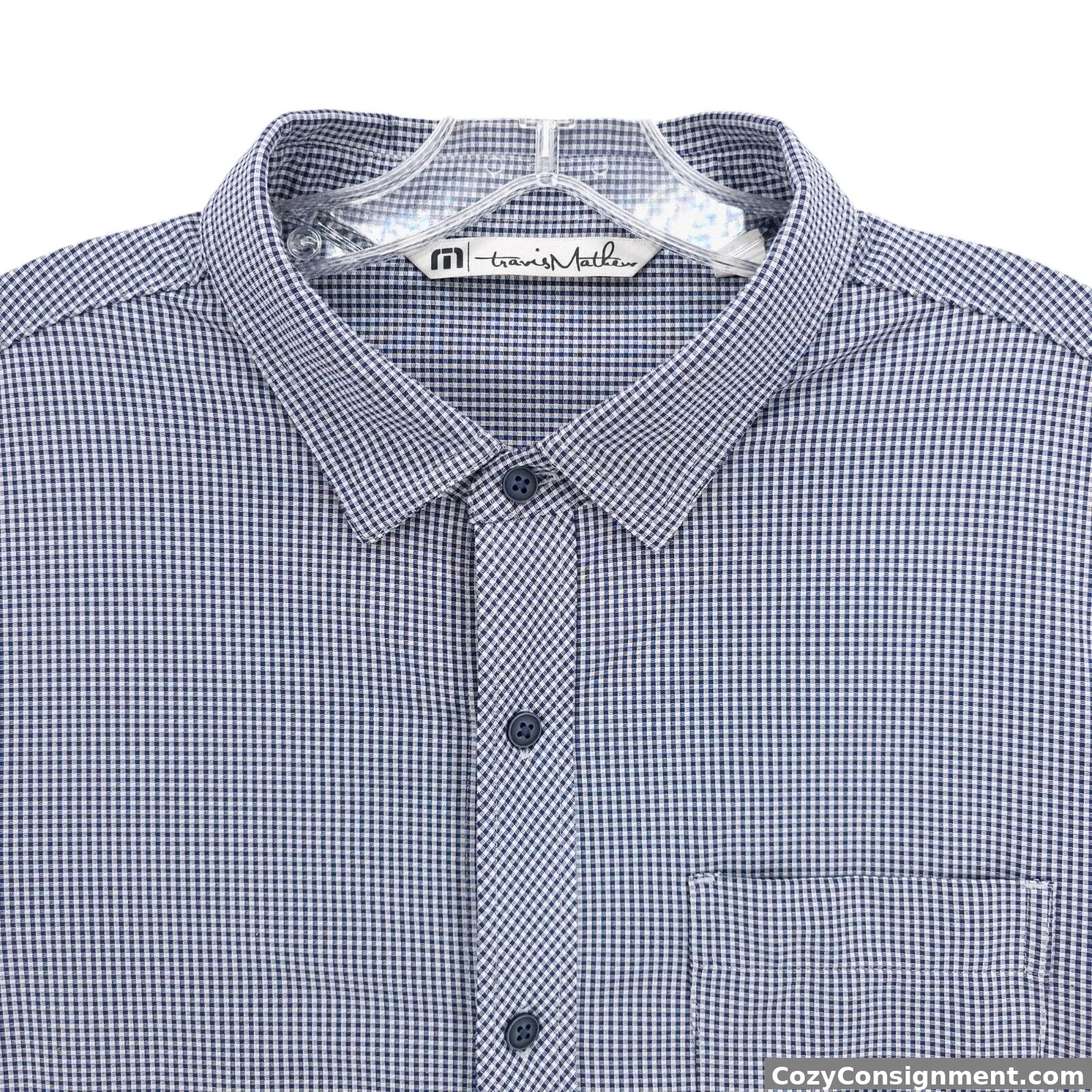 TRAVIS MATHEW Long Sleeve Button Up Shirt Blue Mini Check Stretch Size LARGE