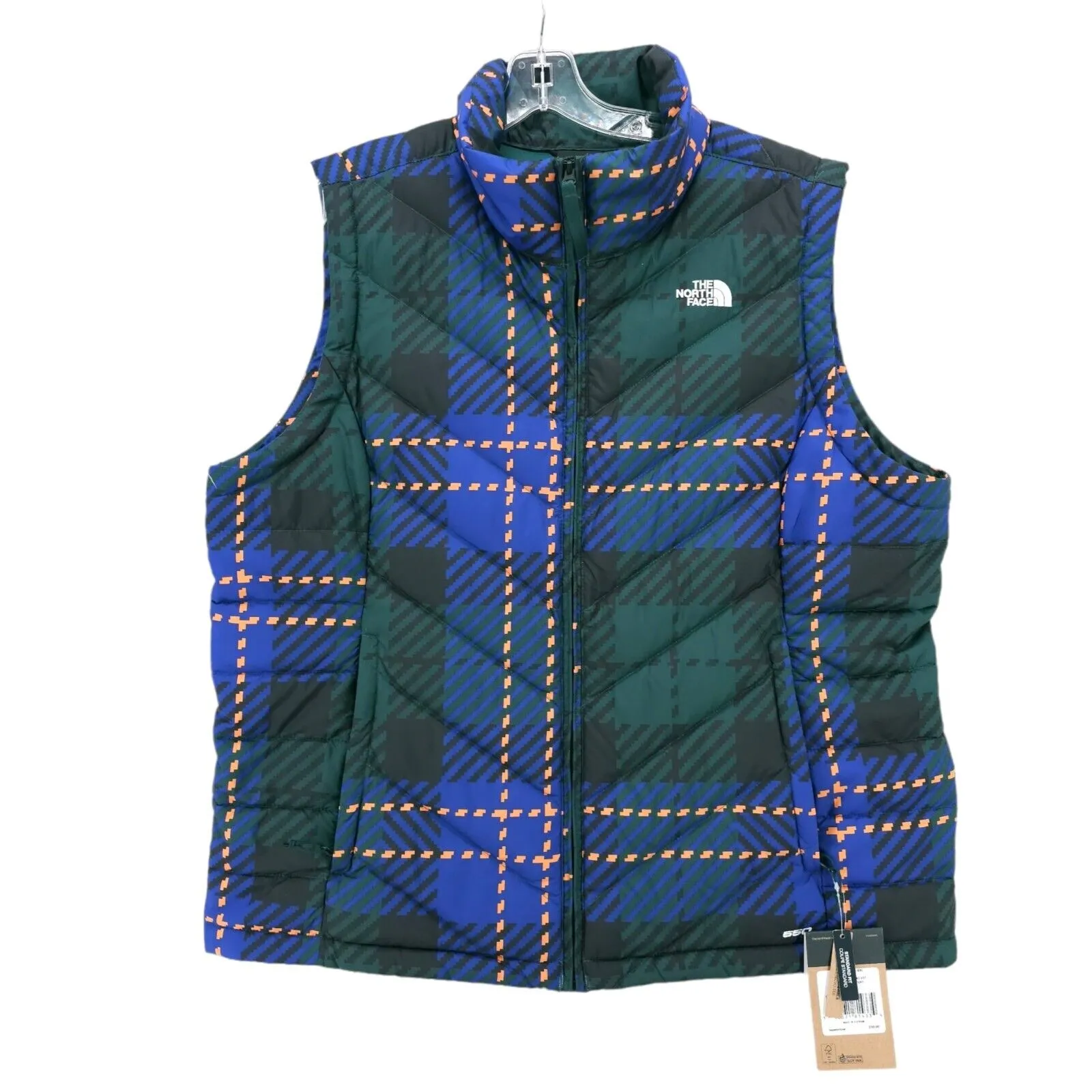 NORTH FACE Women’s 550 Down Vest Green Blue Plaid Size XXL