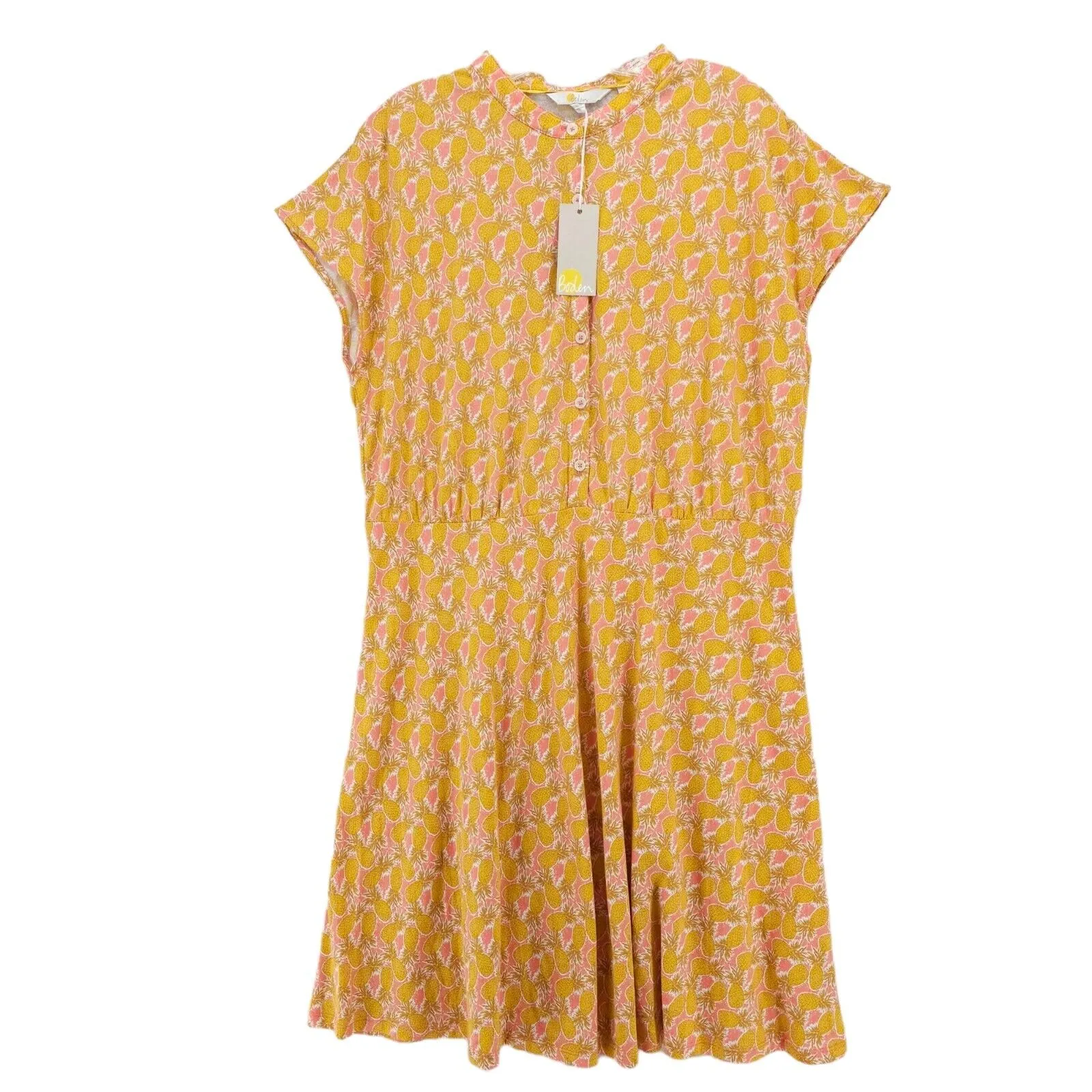 NWT BODEN Flippy Jersey Dress Yellow Pineapple Print Mini Cotton Modal US 14R