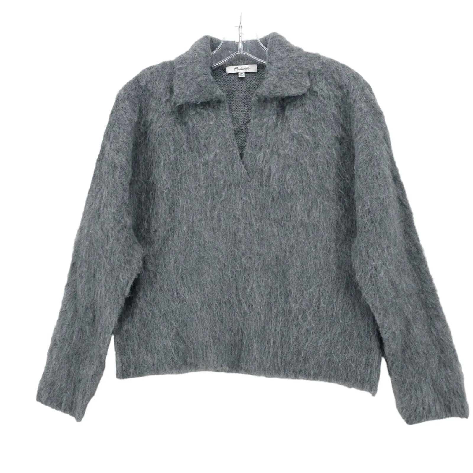 Madewell Brushed Polo Sweater Heather Pewter Gray Crop Boxy Fuzzy EUC Size XXS