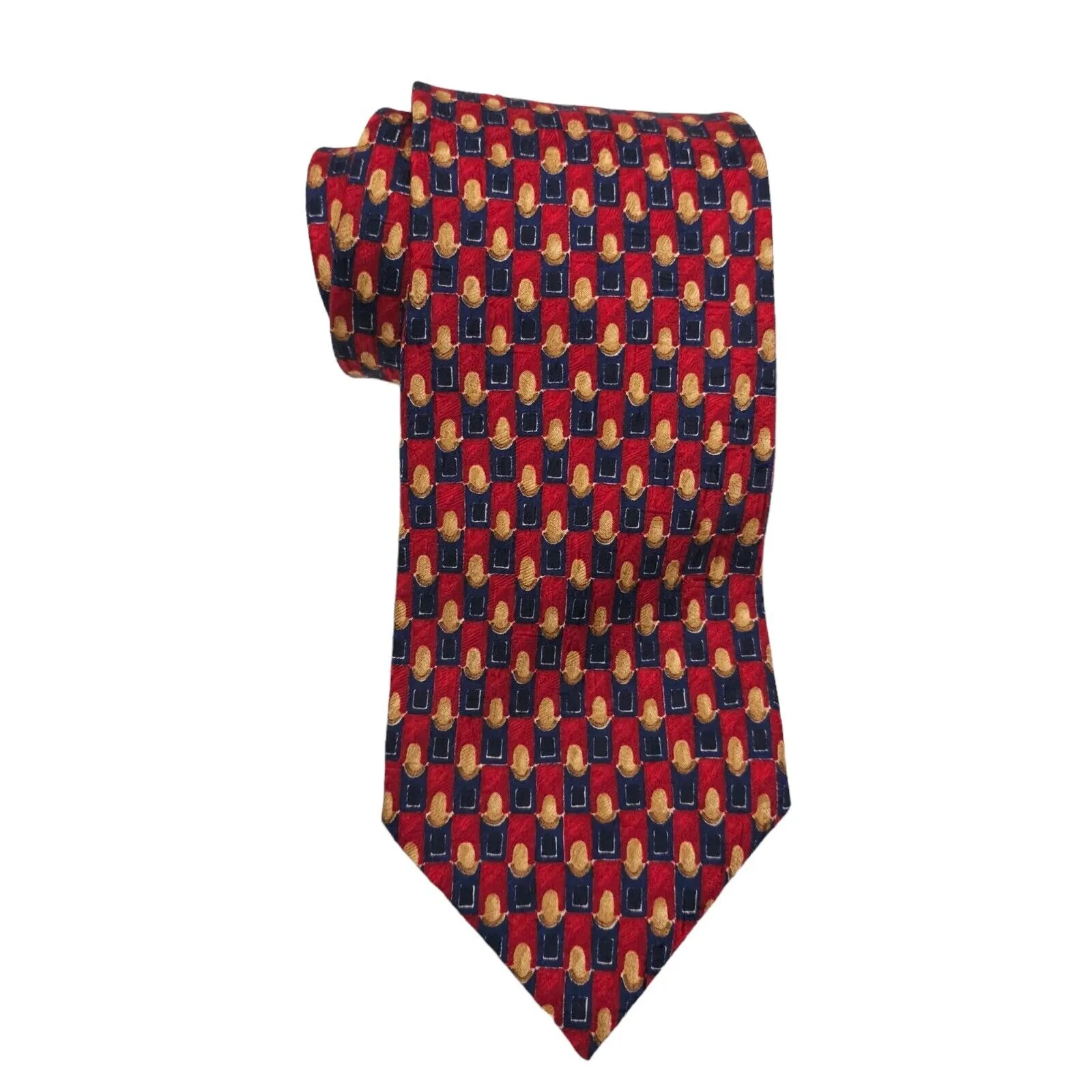 ERMENEGILDO ZEGNA Men's 100% Silk Necktie ITALY Luxury Geometric Red/Blue EUC