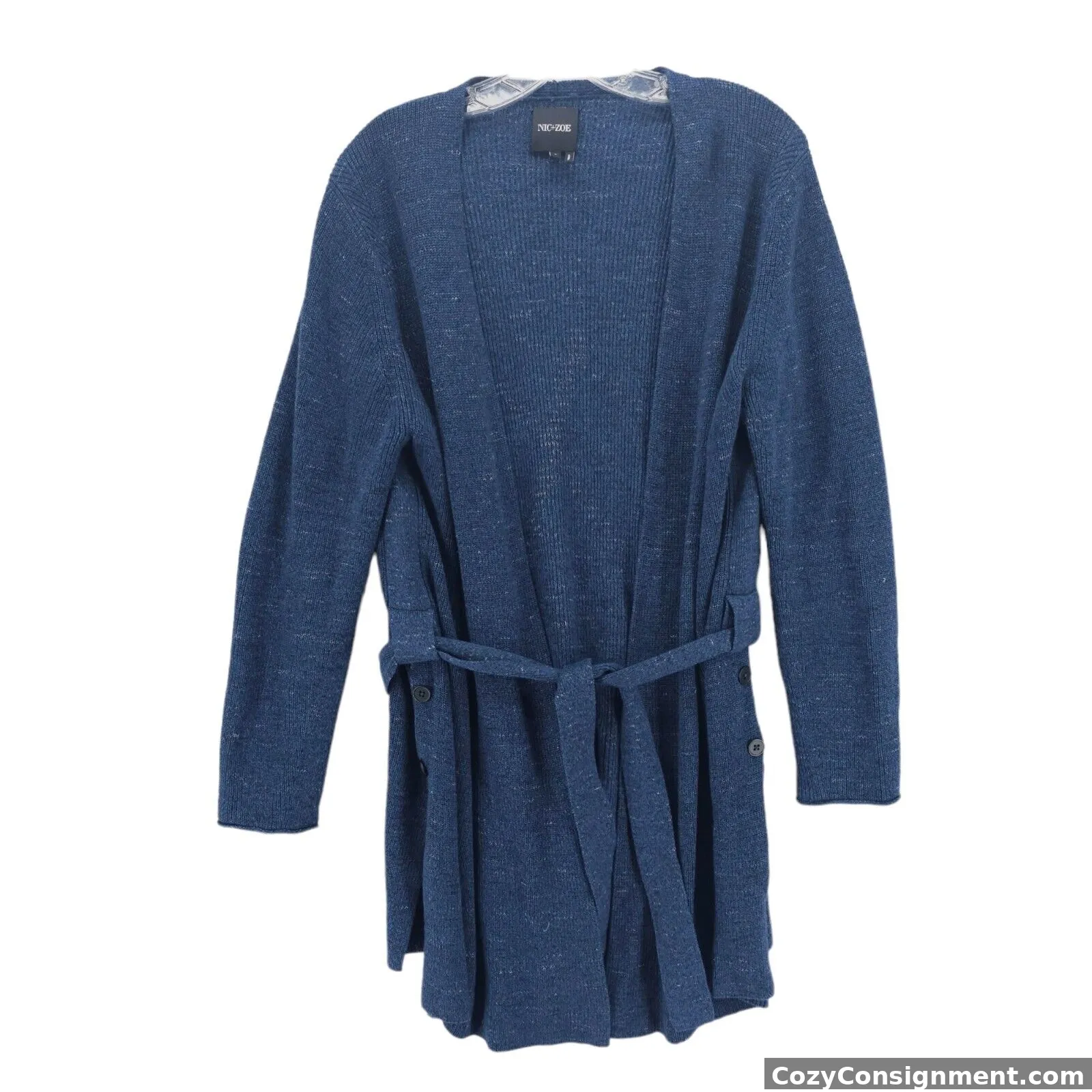 NIC+ZOE Belted Cardigan Cotton Blend Button Side Detail Heather Blue LARGE