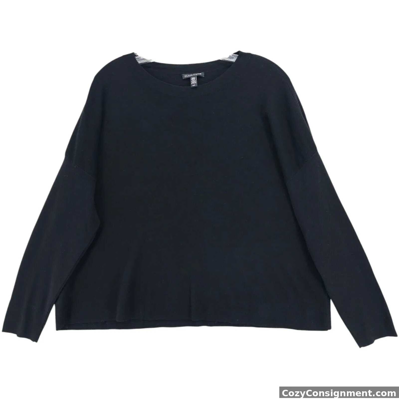 EILEEN FISHER Black 100% Extra Fine Merino Wool Sweater Relaxed Boxy Fit MEDIUM