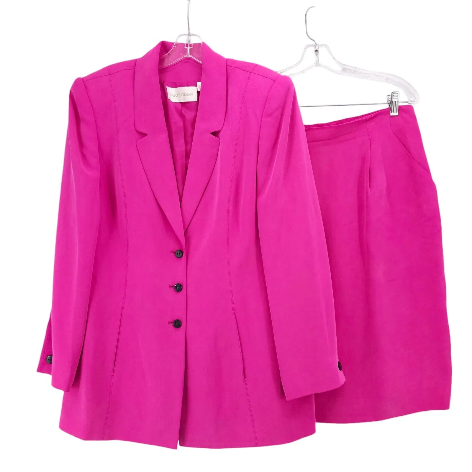 DANA BUCHMAN Bright Pink 2-Piece Set Jacket Skirt 100% Silk Size 14/16