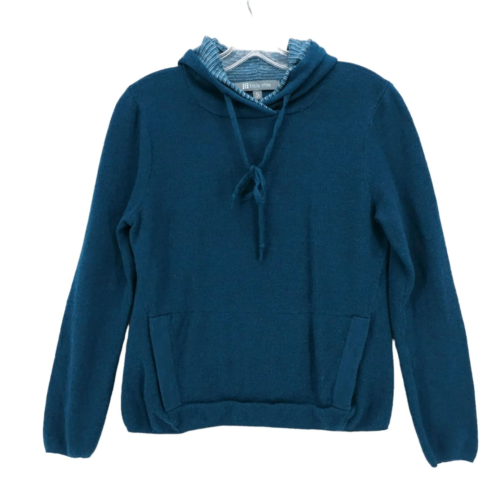 TITLE NINE Blue 100% Extrafine Merino Wool Hooded Sweater Drawstring Size SMALL