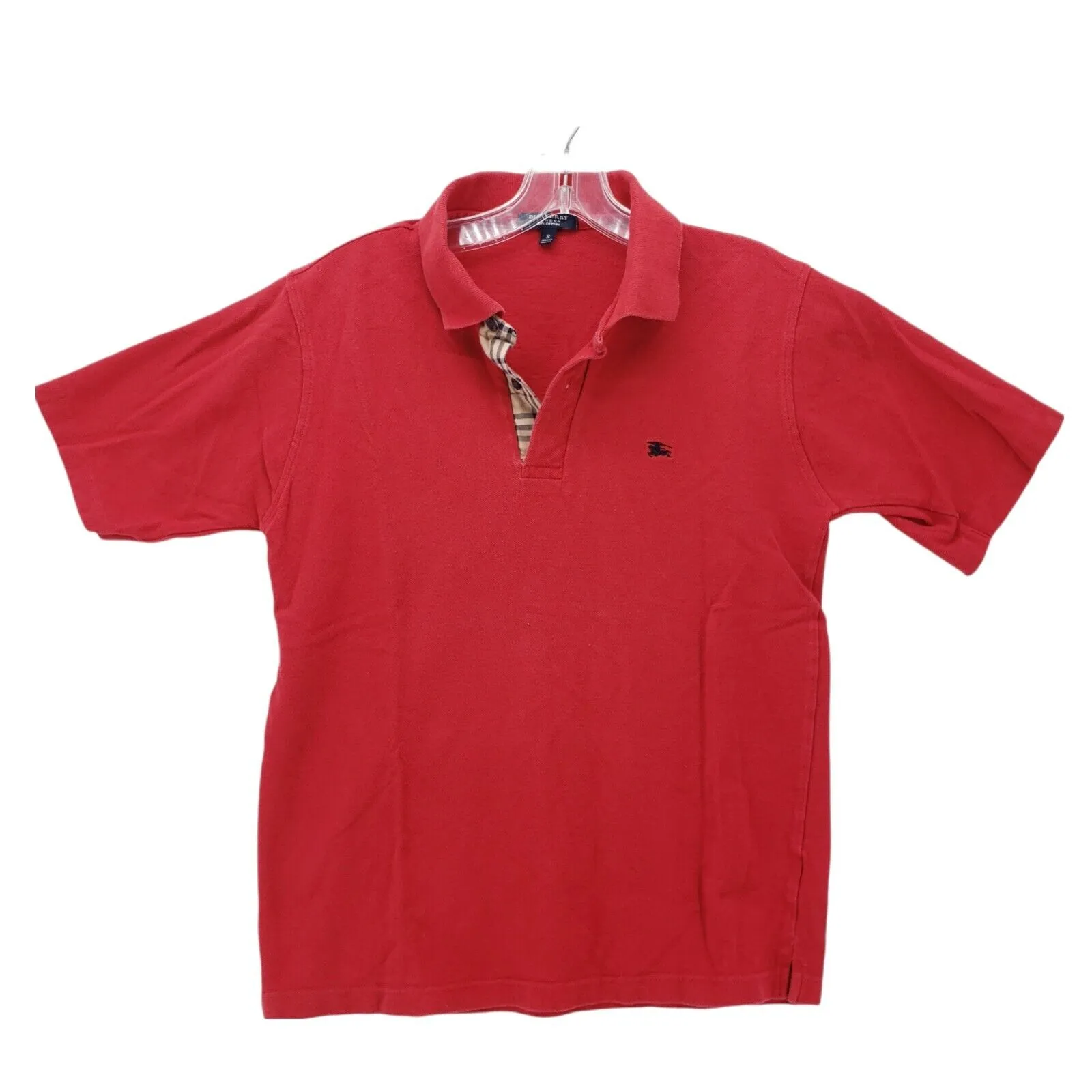 Burberry London Red Polo Shirt Nova Check Trim 100% Cotton Size SMALL