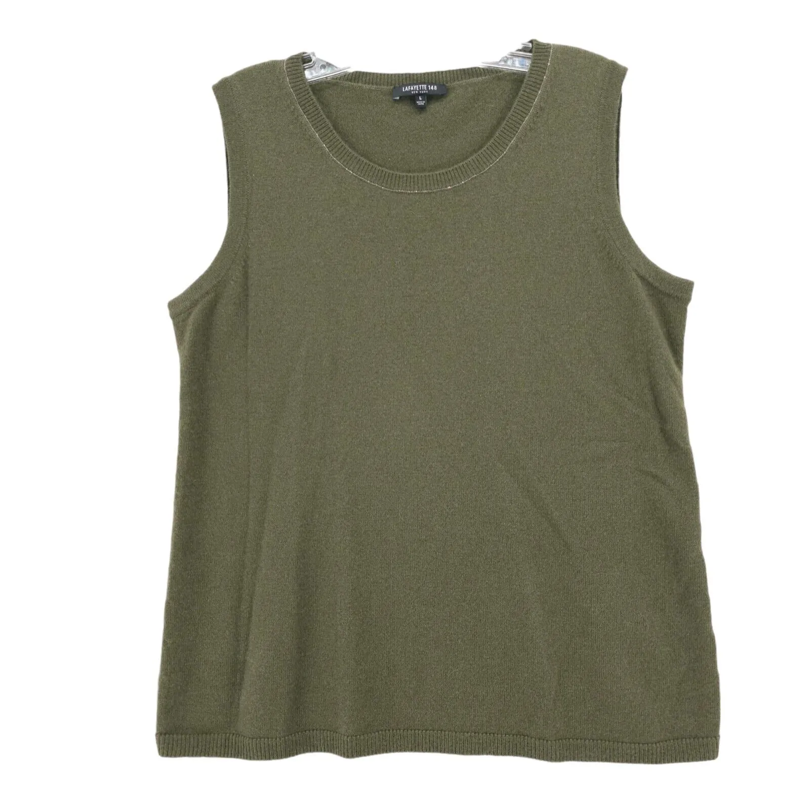 Lafayette 148 Green 100% Cashmere Sleeveless Sweater Knit Top Shimmer Trim LARGE