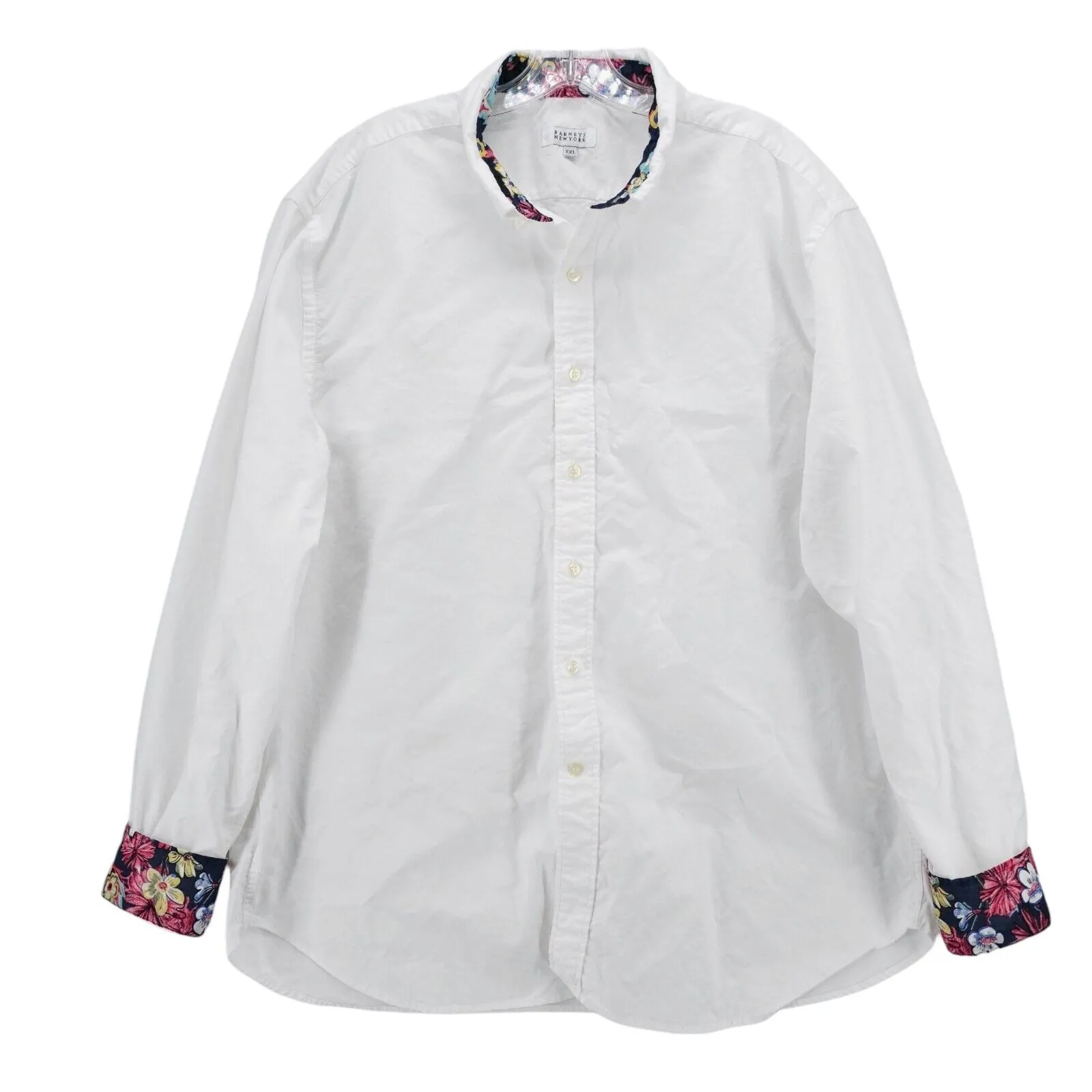 BARNEYS NEW YORK White Button Down Shirt Floral Cuff Trim 100% Cotton EUC XXL