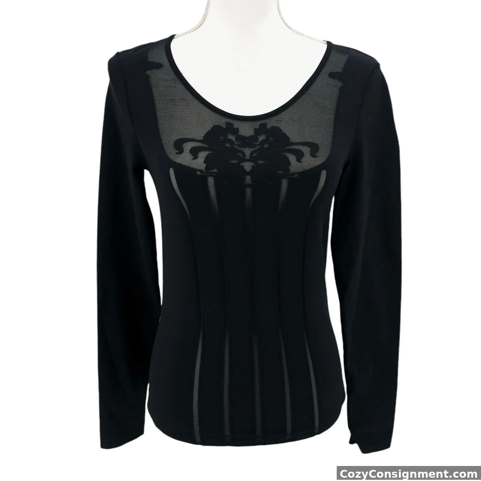 WOLFORD Black Stretch Long Sleeve Top Lace Mesh Floral Size MEDIUM