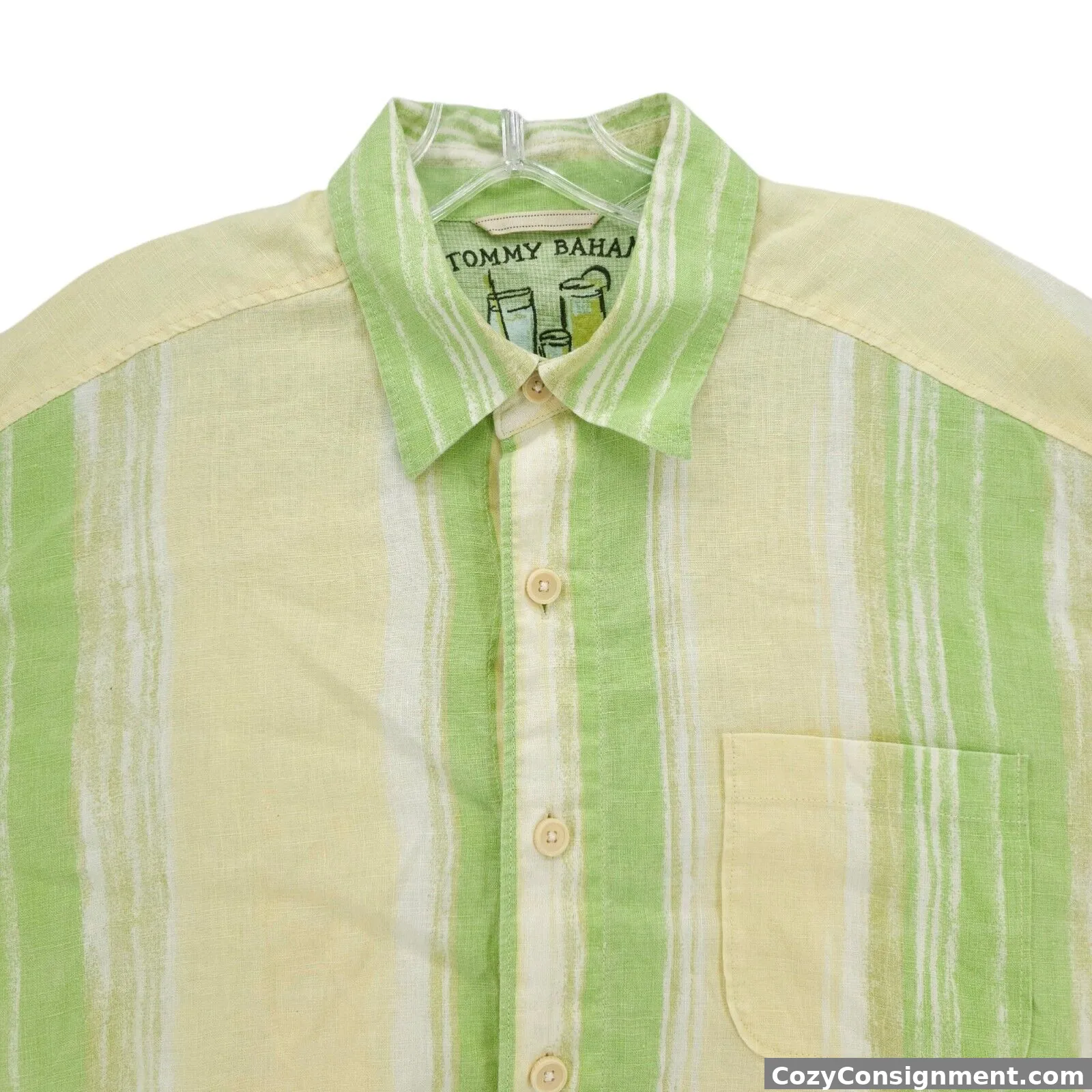 TOMMY BAHAMA Relax 100% LINEN Long Sleeve Shirt Yellow Green Striped MEDIUM