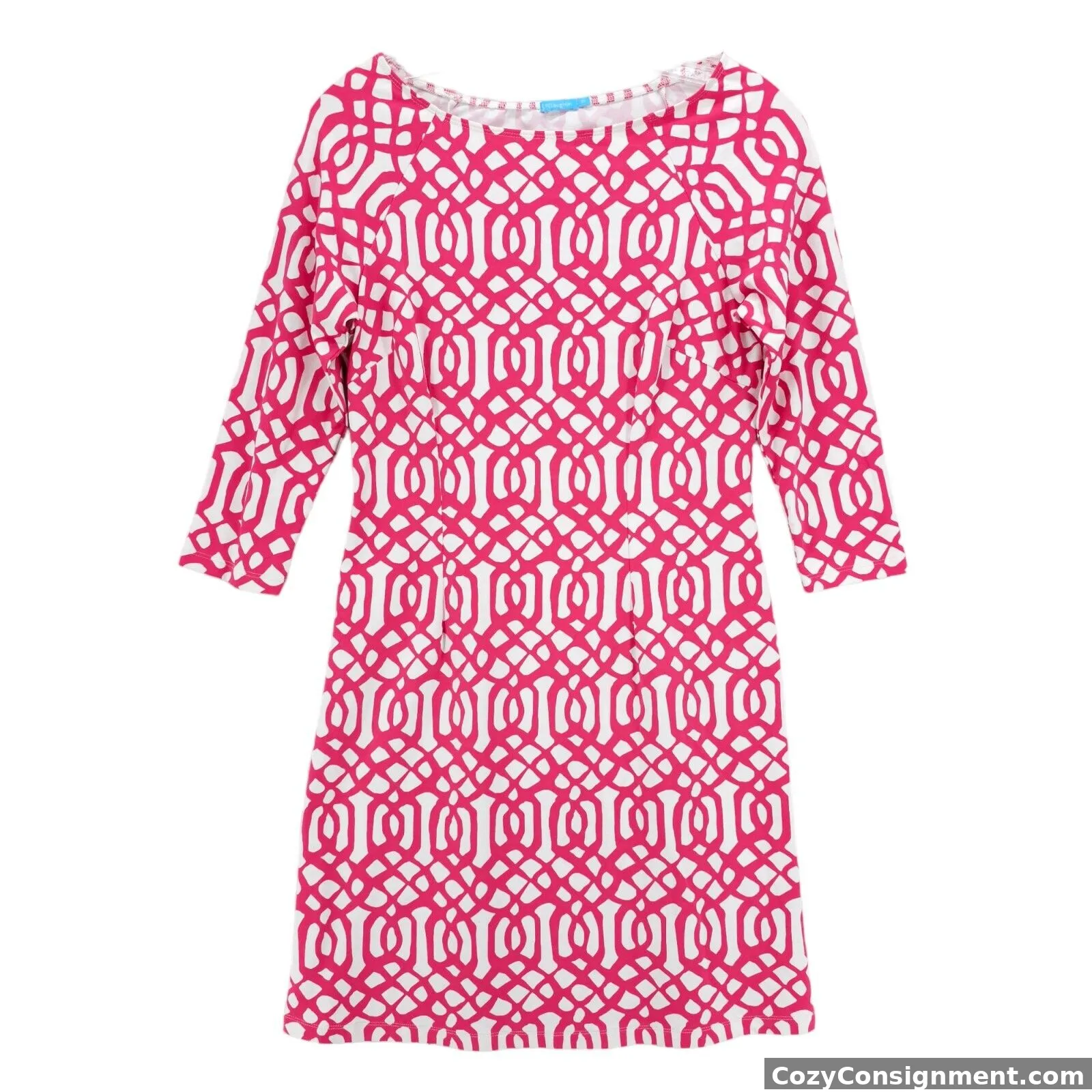 J. McLAUGHLIN Catalina Cloth Dress Pink White Geometric 3/4 Sleeve XS