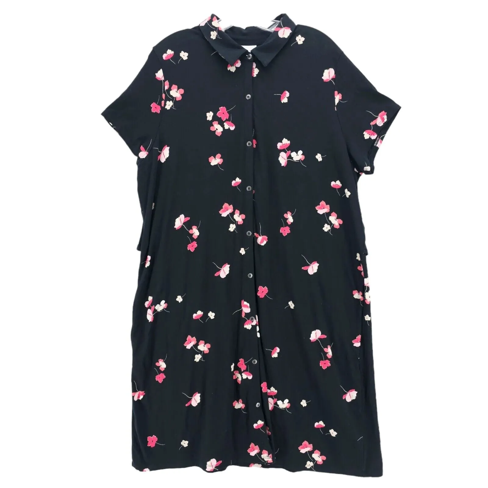 J. JILL Floral Shirt Dress Black Pink Pima Cotton Modal Stretch Size XL