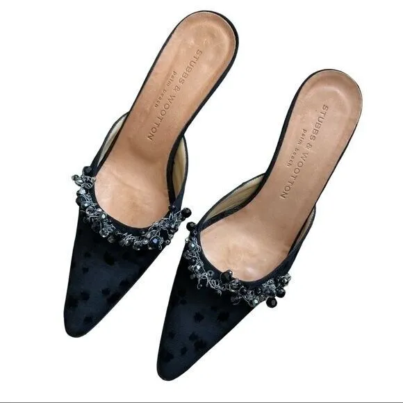 STUBBS & WOOTEN Black Wire & Bead Embellished Mule Kitten Heel Pointed Toe Sz 8